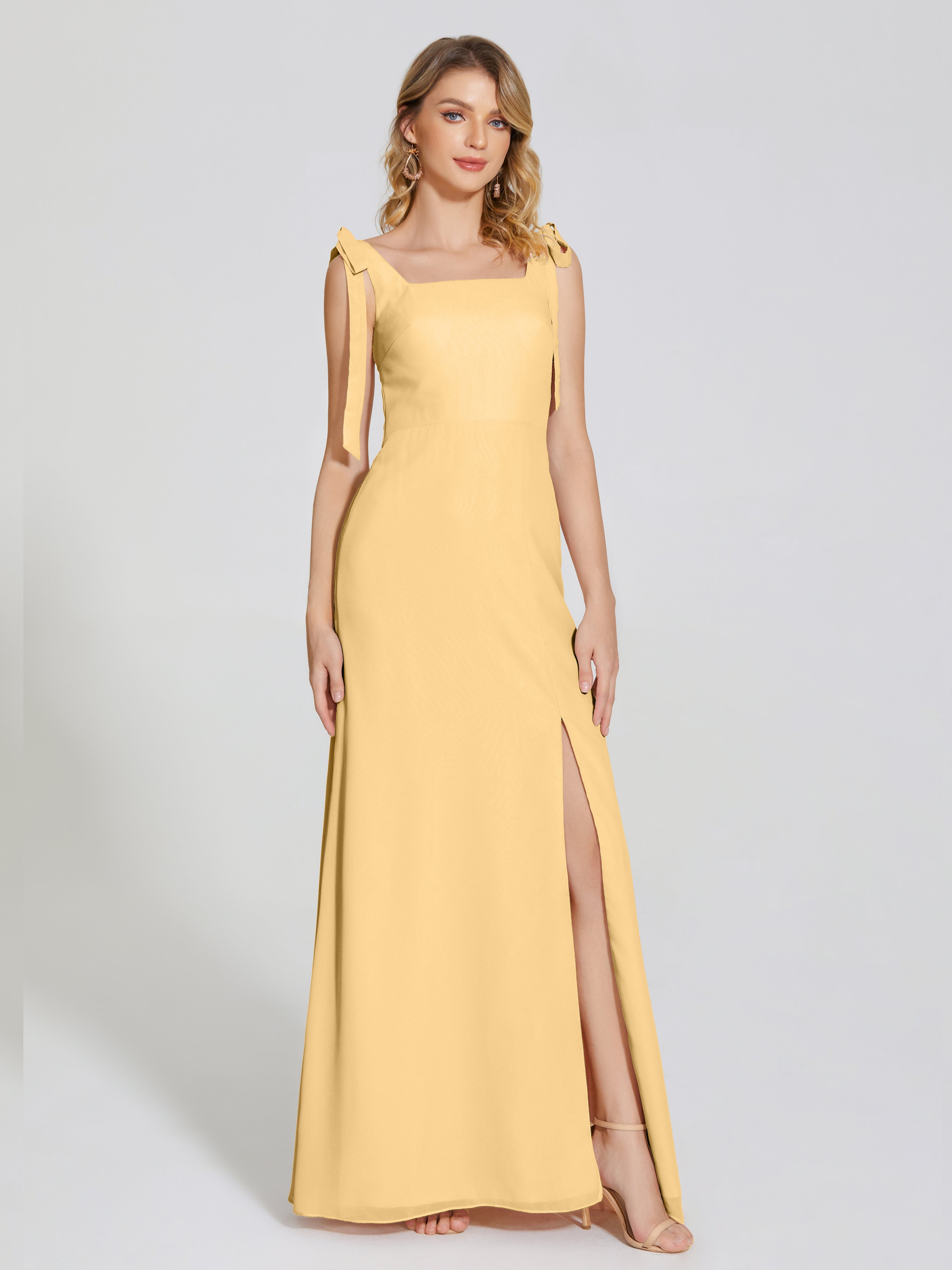 Robe Dorée Demoiselle D Honneur Fendue Devant Encolure Carrée Mousseline Robe De Demoiselle D'Honneur