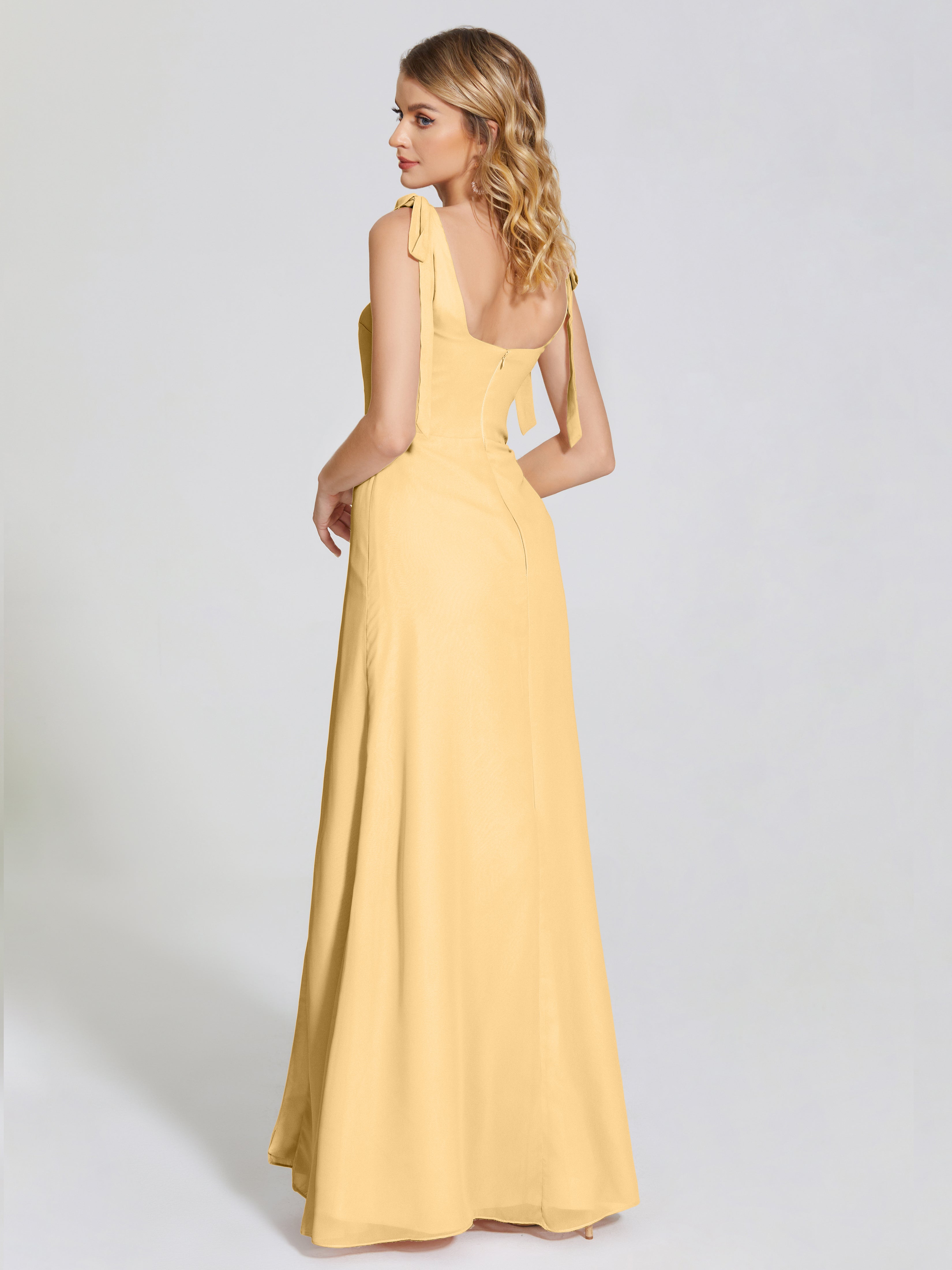 Robe Dorée Demoiselle D Honneur Fendue Devant Encolure Carrée Mousseline Robe De Demoiselle D'Honneur