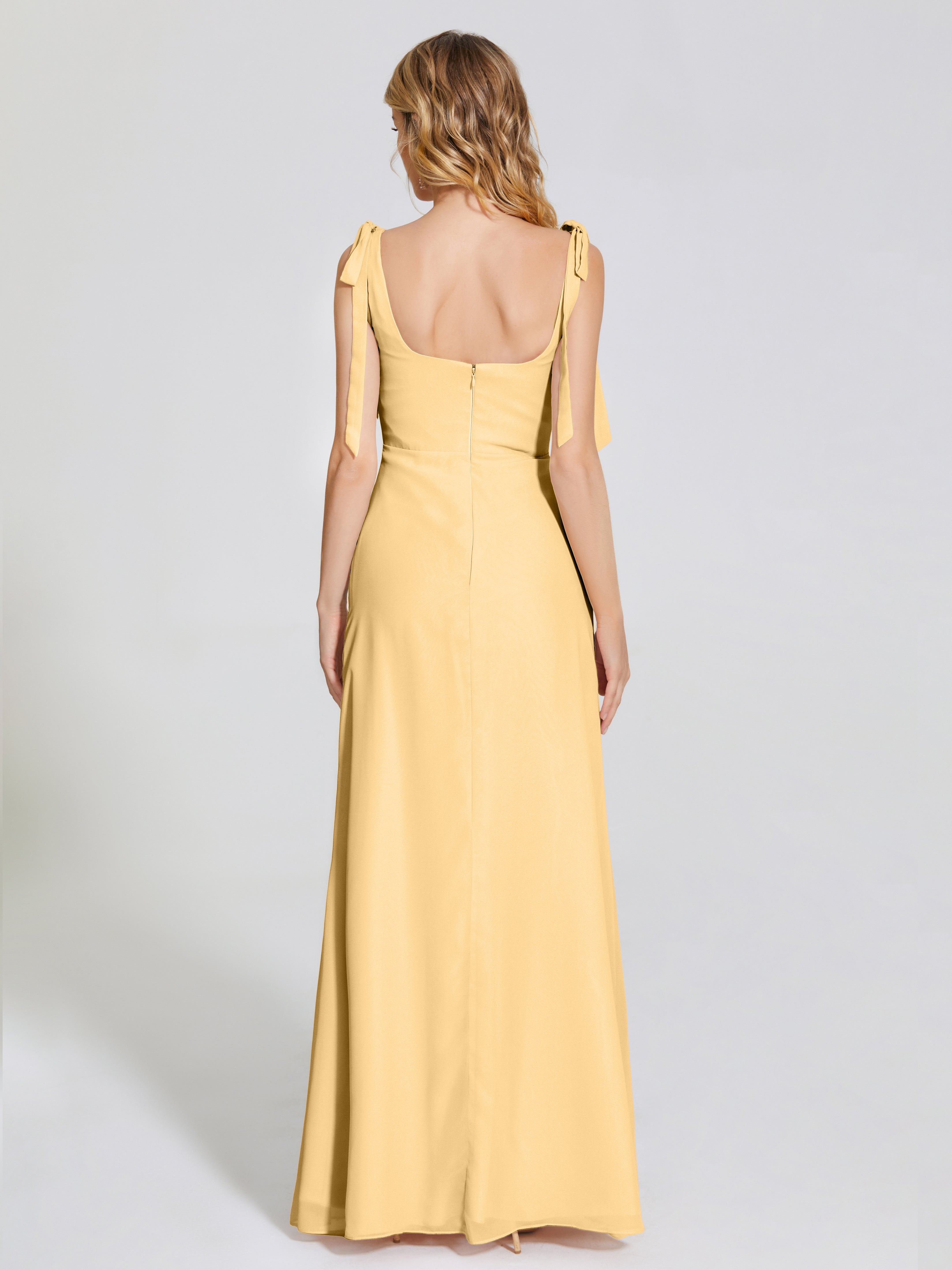 Robe Dorée Demoiselle D Honneur Fendue Devant Encolure Carrée Mousseline Robe De Demoiselle D'Honneur