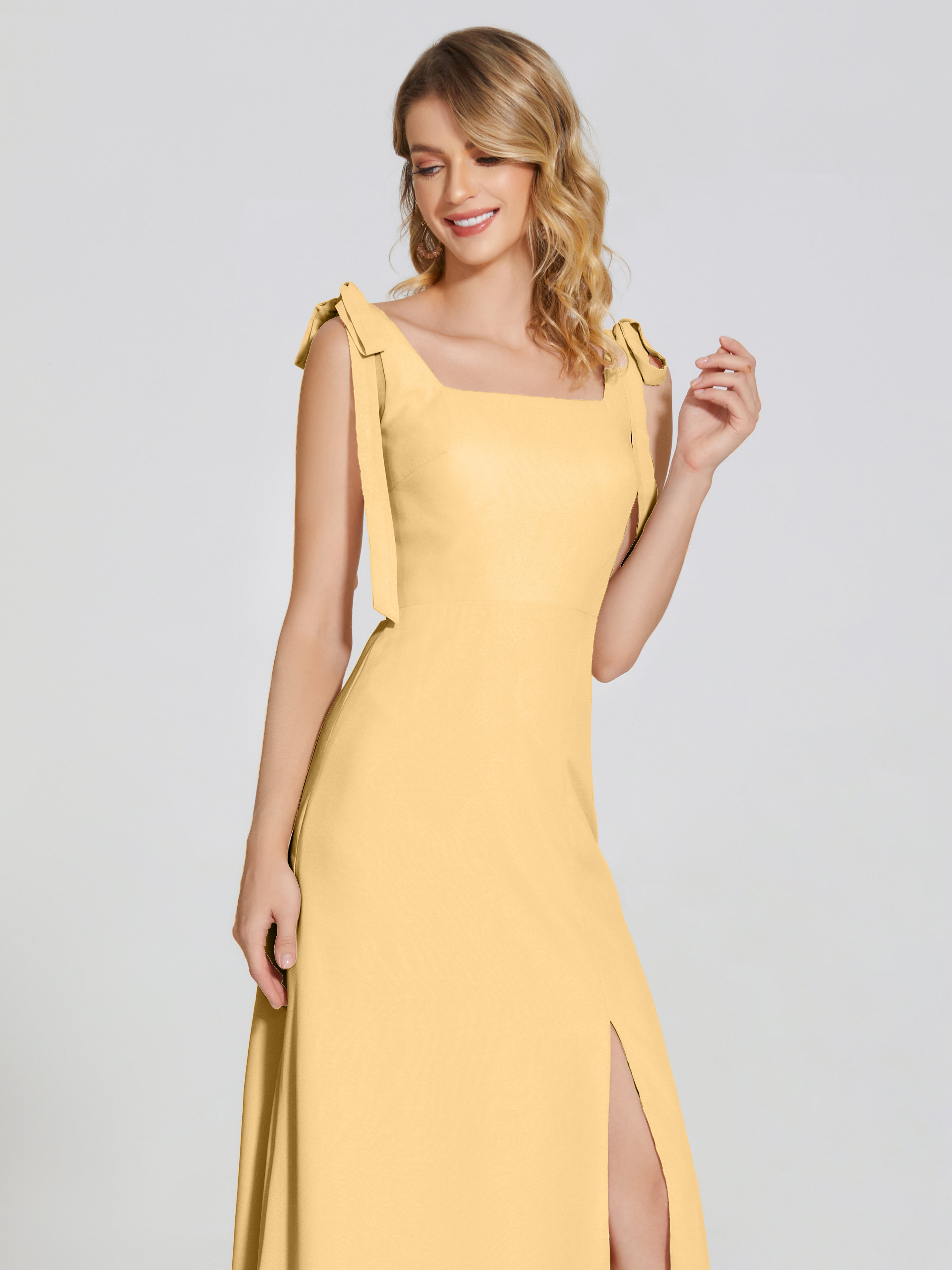 Robe Dorée Demoiselle D Honneur Fendue Devant Encolure Carrée Mousseline Robe De Demoiselle D'Honneur