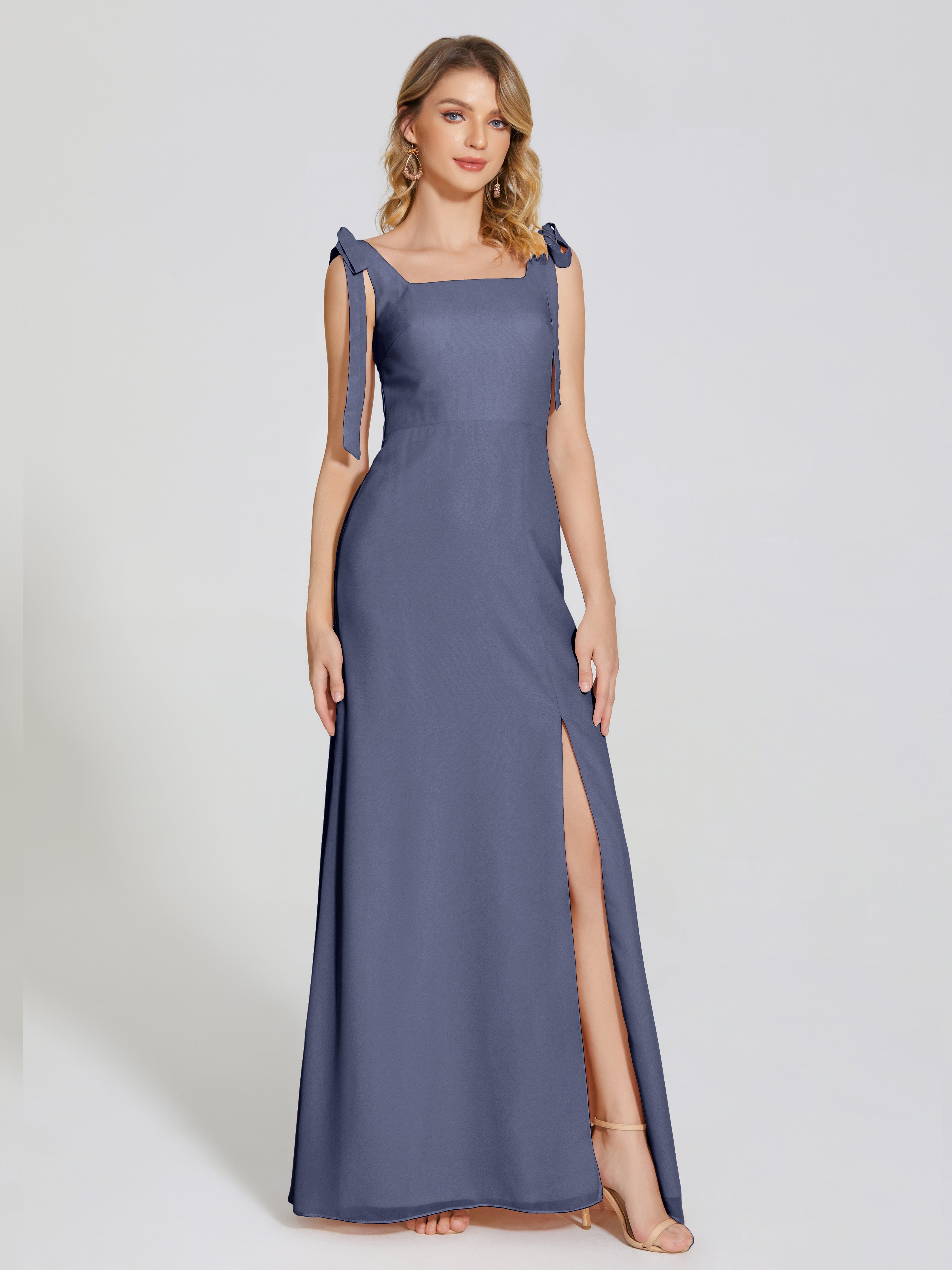 Robes De Demoiselle D'Honneur Bleu Orageux Fendue Devant Encolure Carrée Mousseline Robe De Demoiselle D'Honneur