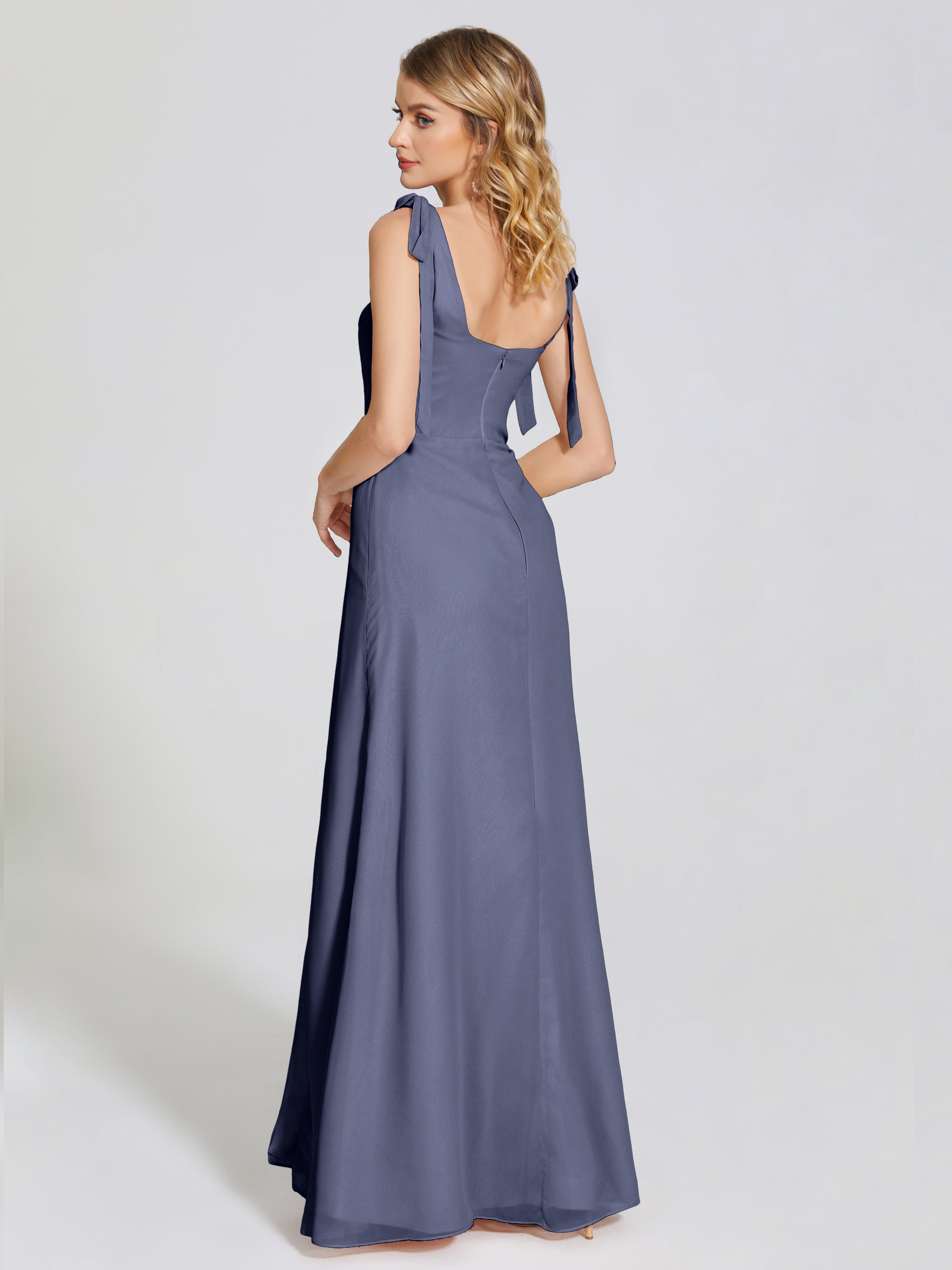 Robes De Demoiselle D'Honneur Bleu Orageux Fendue Devant Encolure Carrée Mousseline Robe De Demoiselle D'Honneur