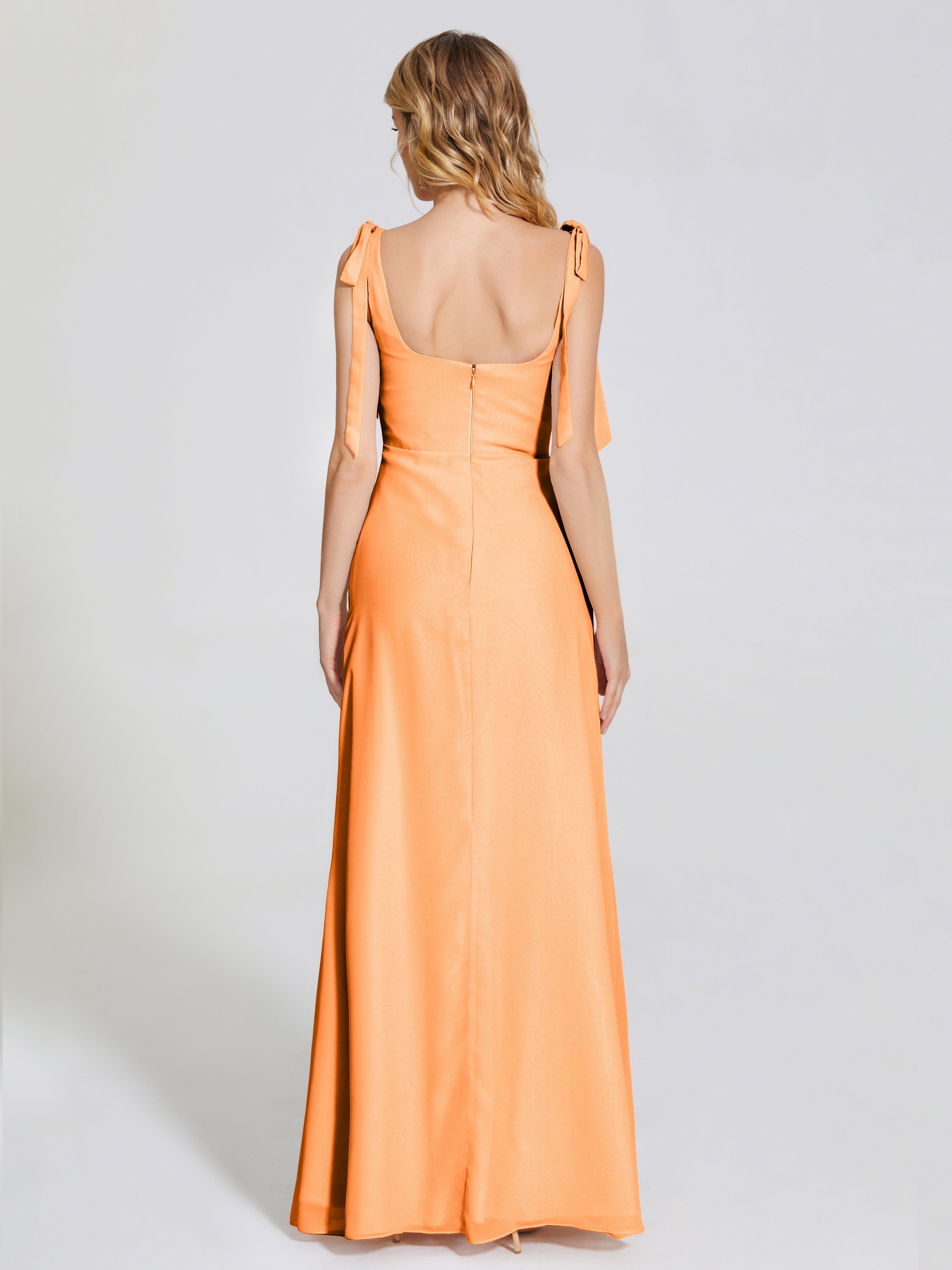 Robe Demoiselle Dhonneur Orange Fendue Devant Encolure Carrée Mousseline Robe De Demoiselle D'Honneur