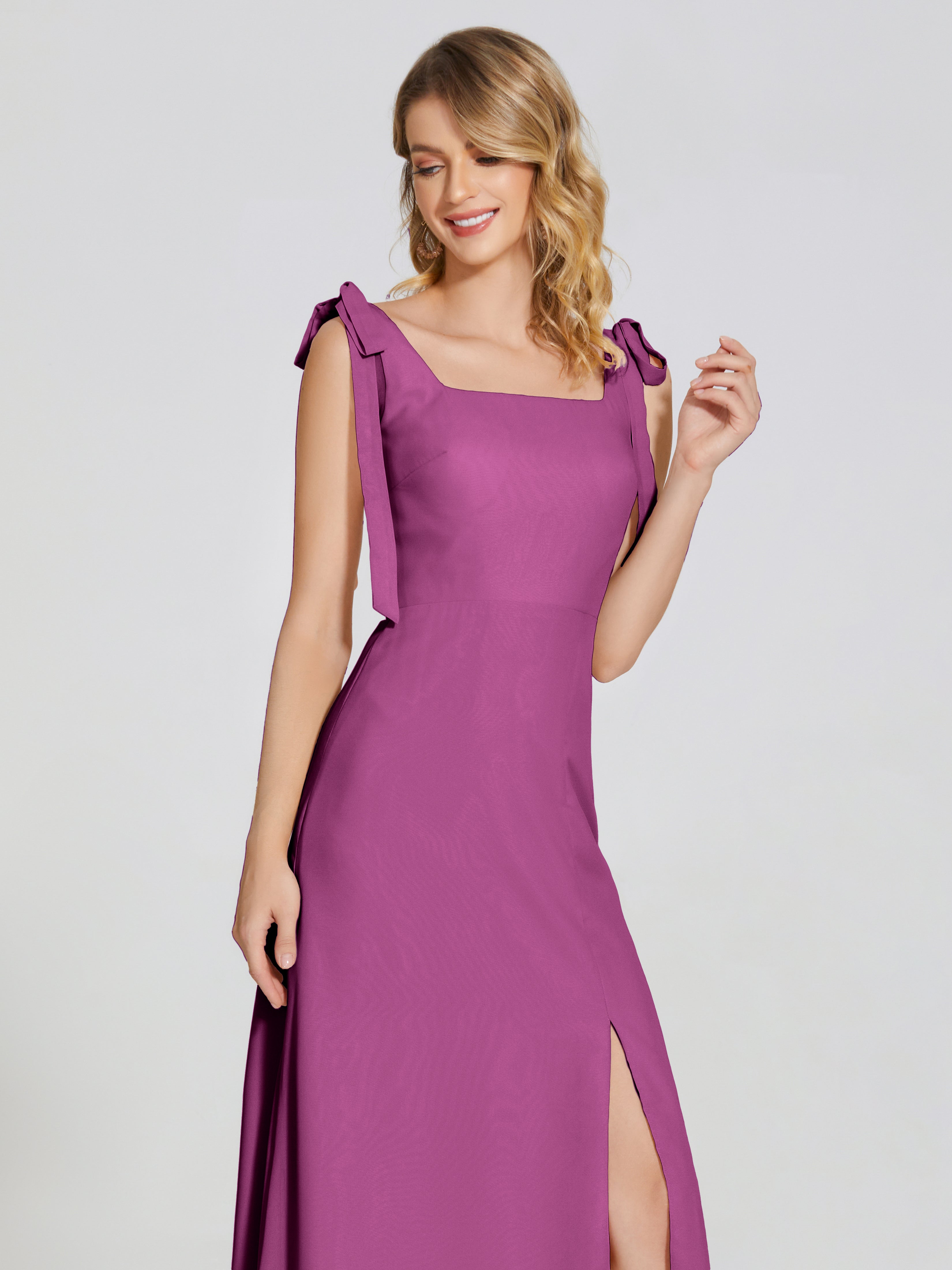 Robes De Demoiselle D'Honneur Orchidée Fendue Devant Encolure Carrée Mousseline Robe De Demoiselle D'Honneur