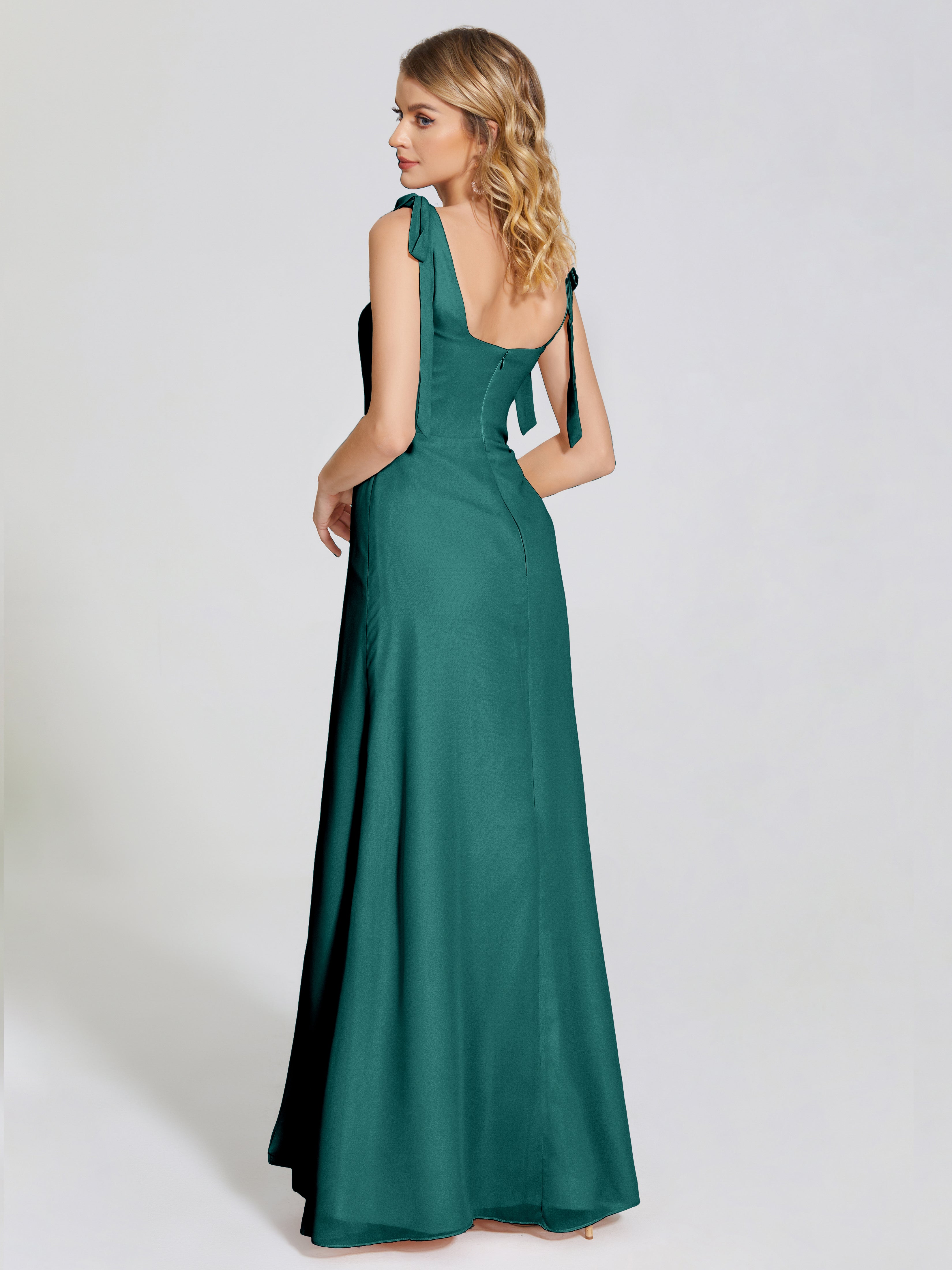 Robe De Demoiselle D'Honneur En Mousseline De Paon Fendue Devant Encolure Carrée Mousseline Robe De Demoiselle D'Honneur