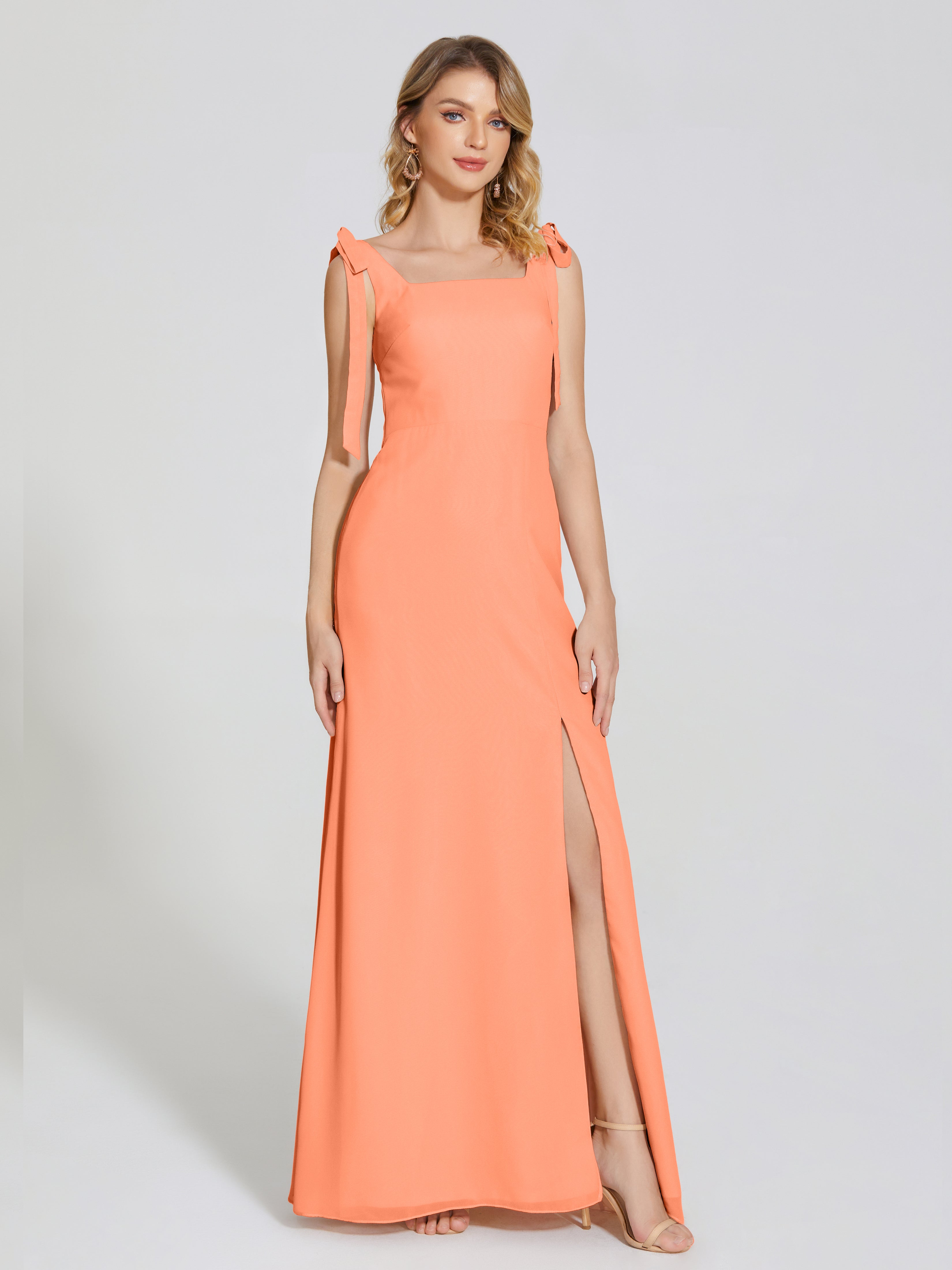 Robes De Demoiselle D'Honneur Papaye Fendue Devant Encolure Carrée Mousseline Robe De Demoiselle D'Honneur