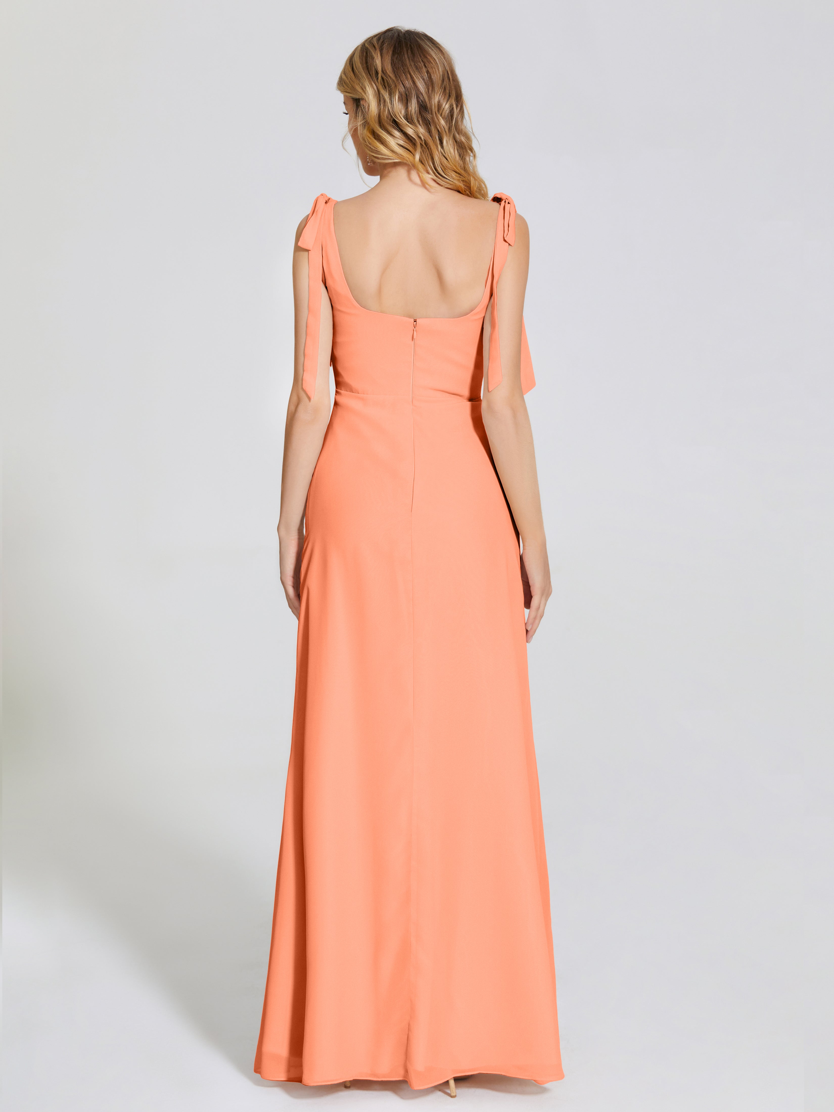 Robes De Demoiselle D'Honneur Papaye Fendue Devant Encolure Carrée Mousseline Robe De Demoiselle D'Honneur