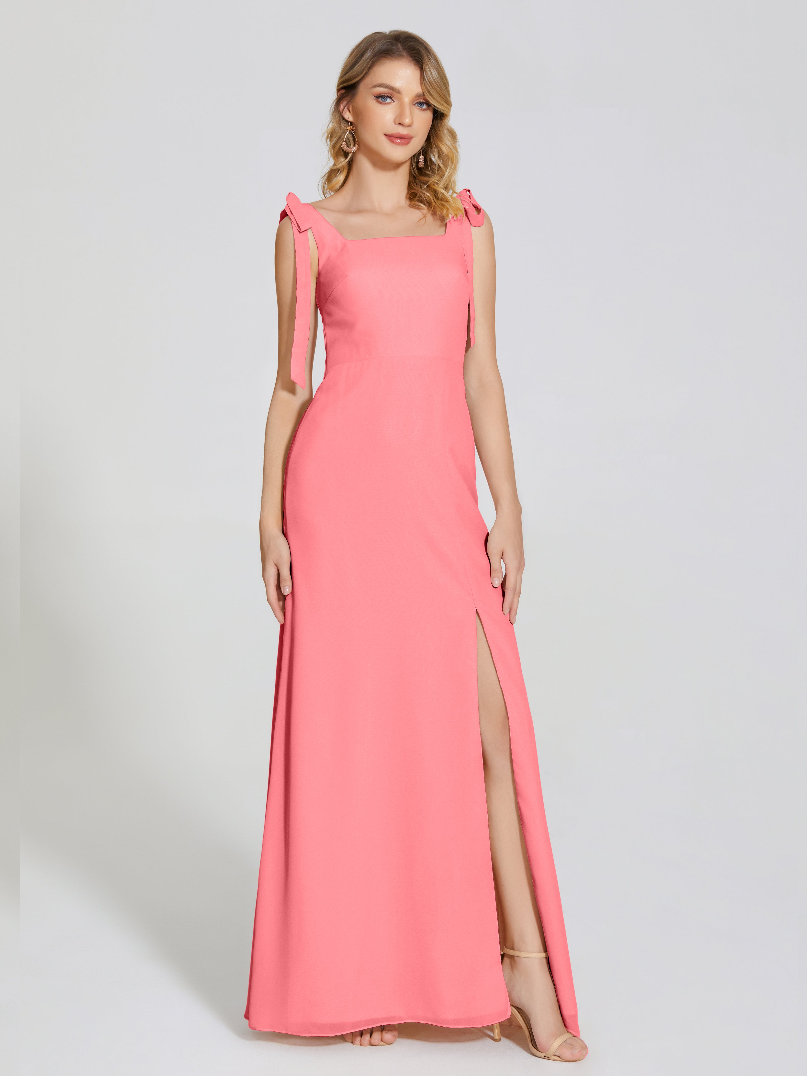 Robes De Demoiselle D'Honneur Pastèque Fendue Devant Encolure Carrée Mousseline Robe De Demoiselle D'Honneur