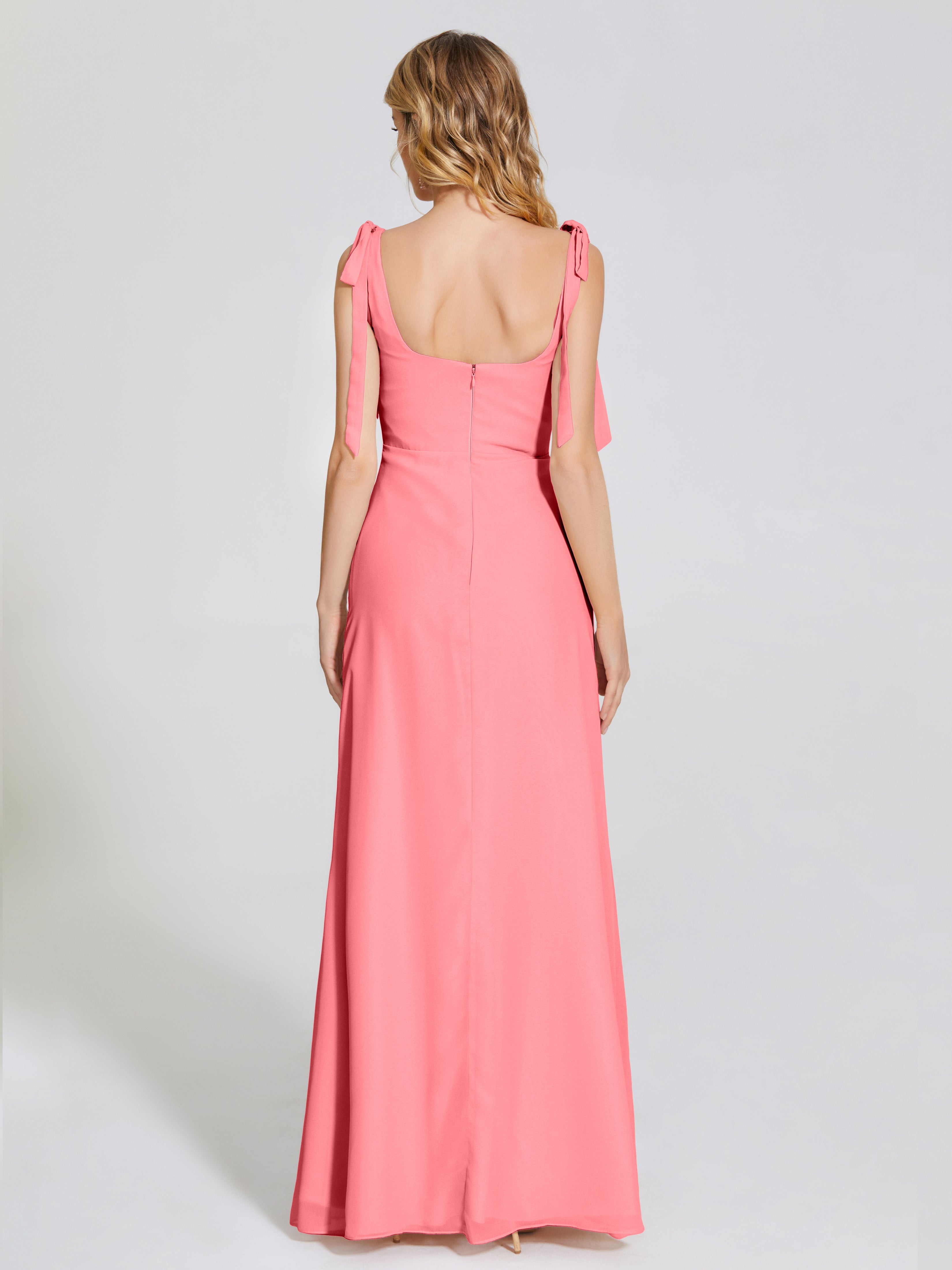 Robes De Demoiselle D'Honneur Pastèque Fendue Devant Encolure Carrée Mousseline Robe De Demoiselle D'Honneur