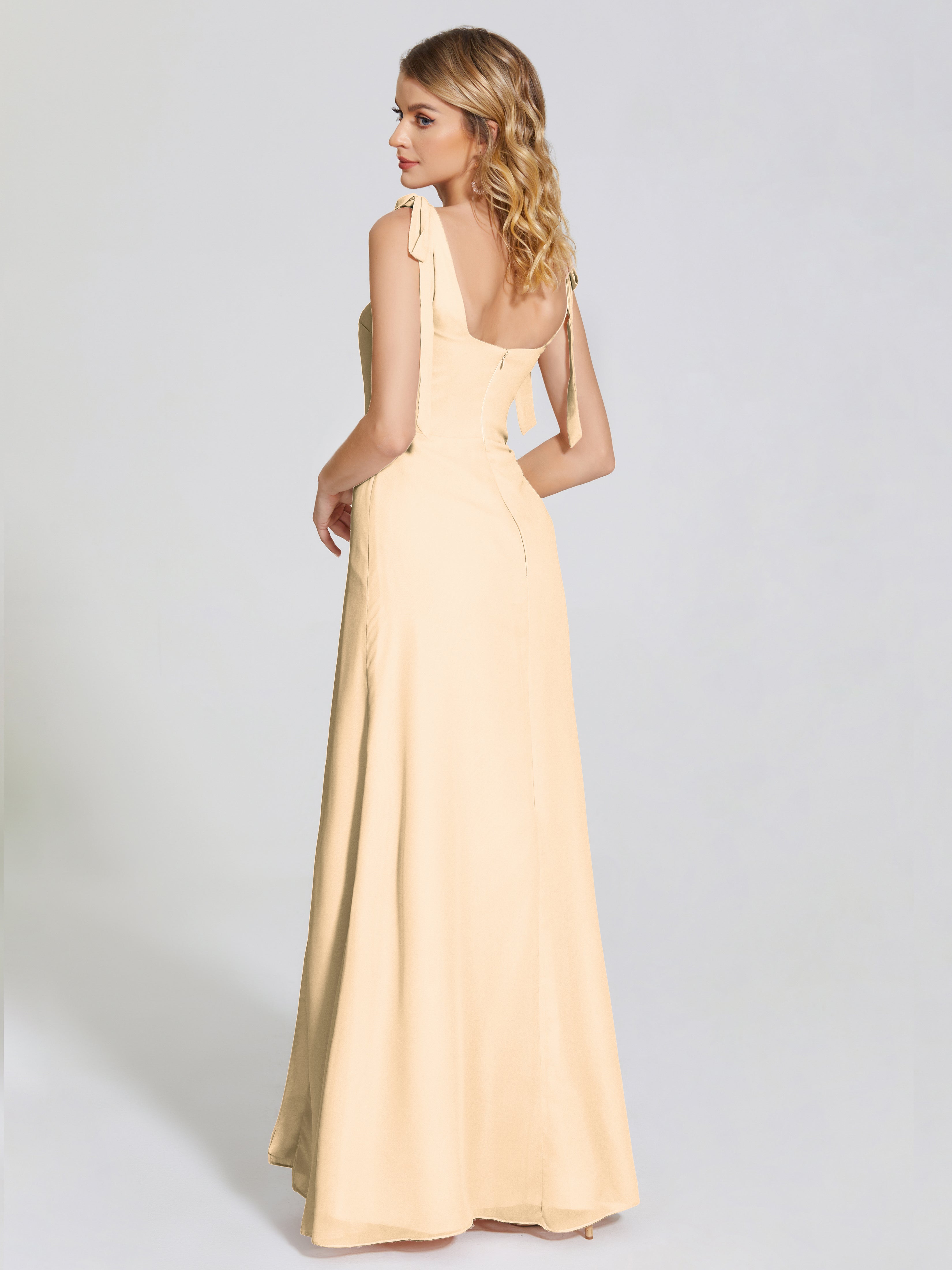 Robe De Demoiselle D Honneur Couleur Peche Fendue Devant Encolure Carrée Mousseline Robe De Demoiselle D'Honneur