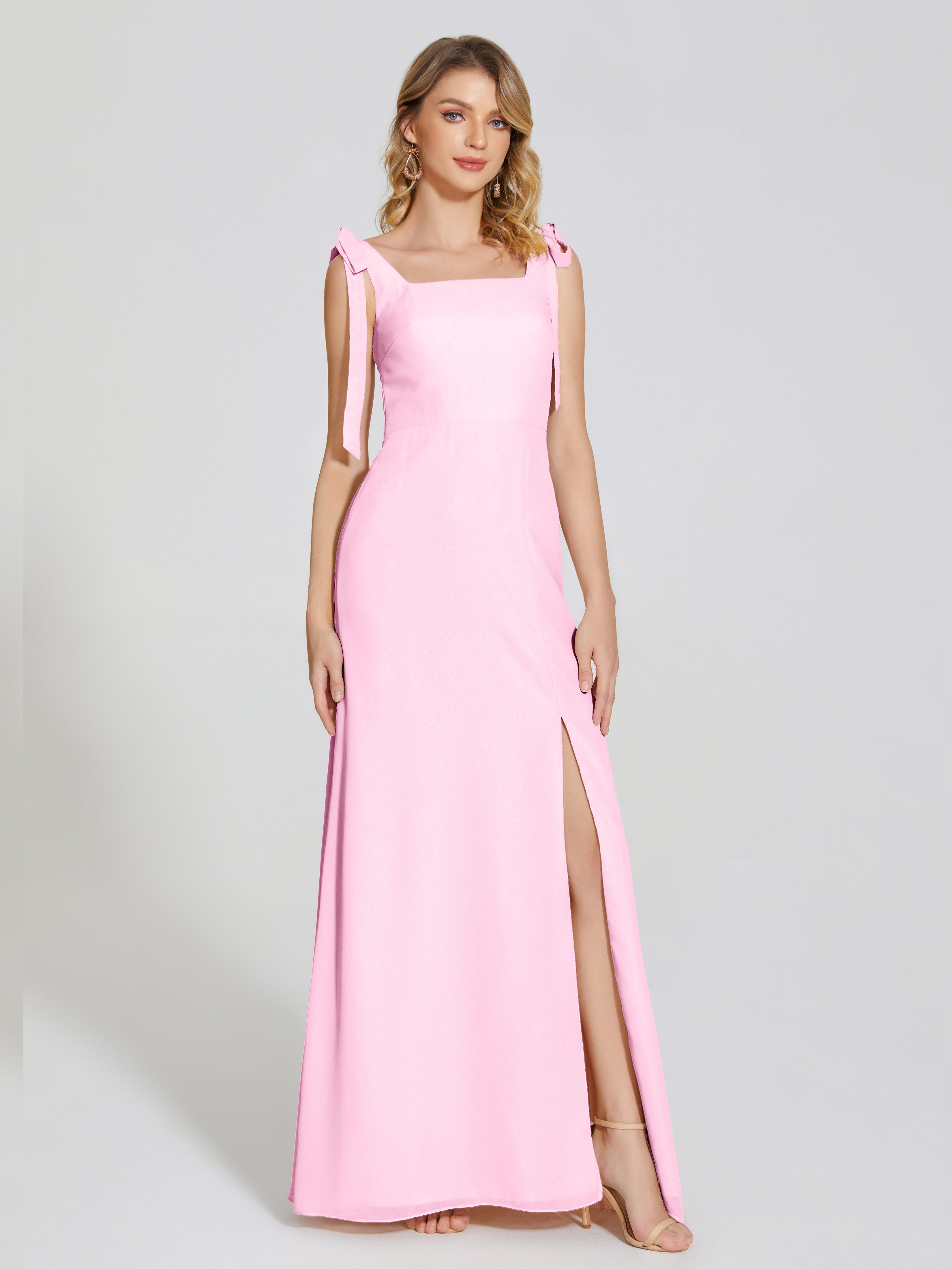 Robe Demoiselle D Honneur Rose Bonbon Fendue Devant Encolure Carrée Mousseline Robe De Demoiselle D'Honneur