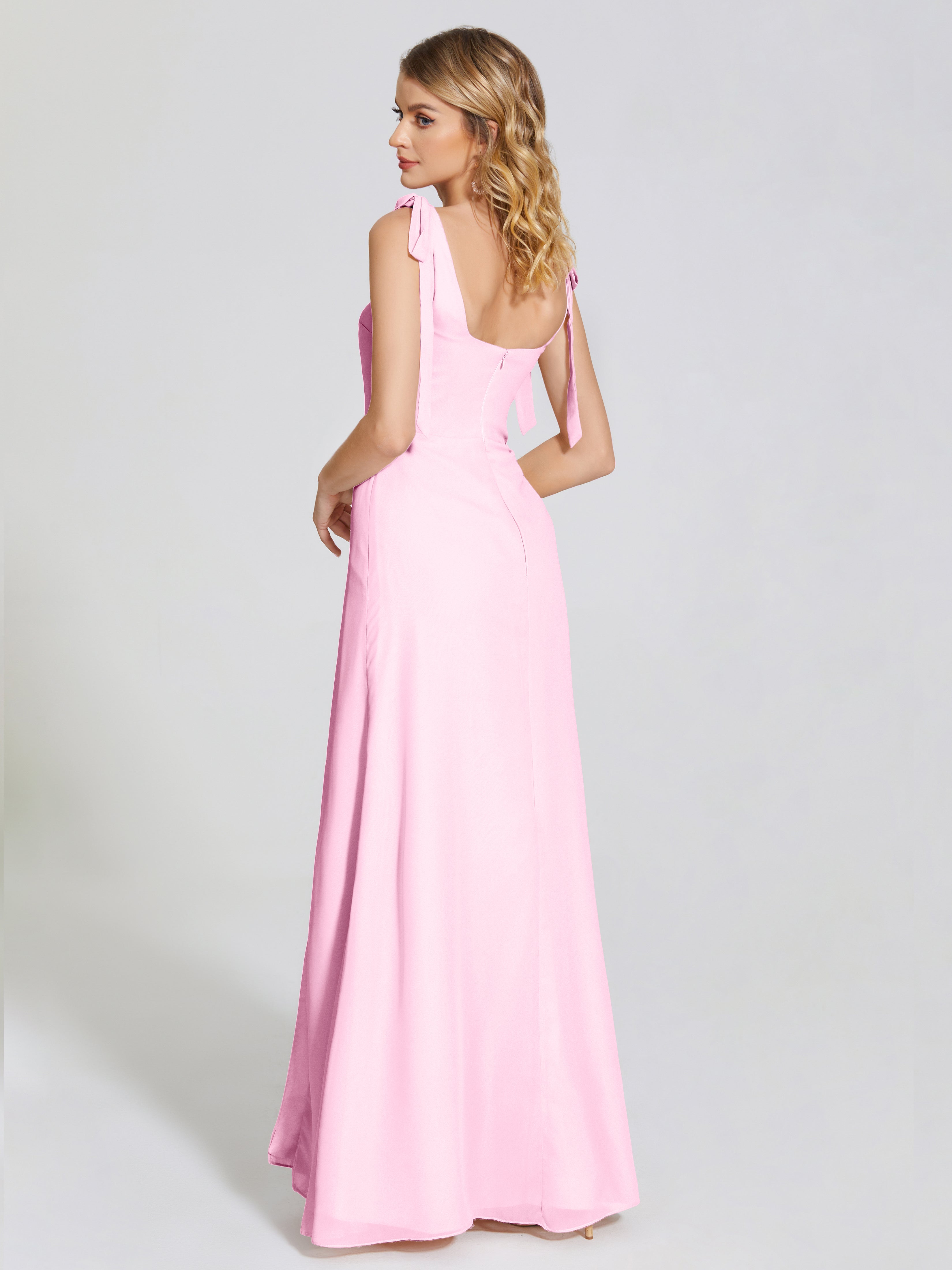 Robe Demoiselle D Honneur Rose Bonbon Fendue Devant Encolure Carrée Mousseline Robe De Demoiselle D'Honneur