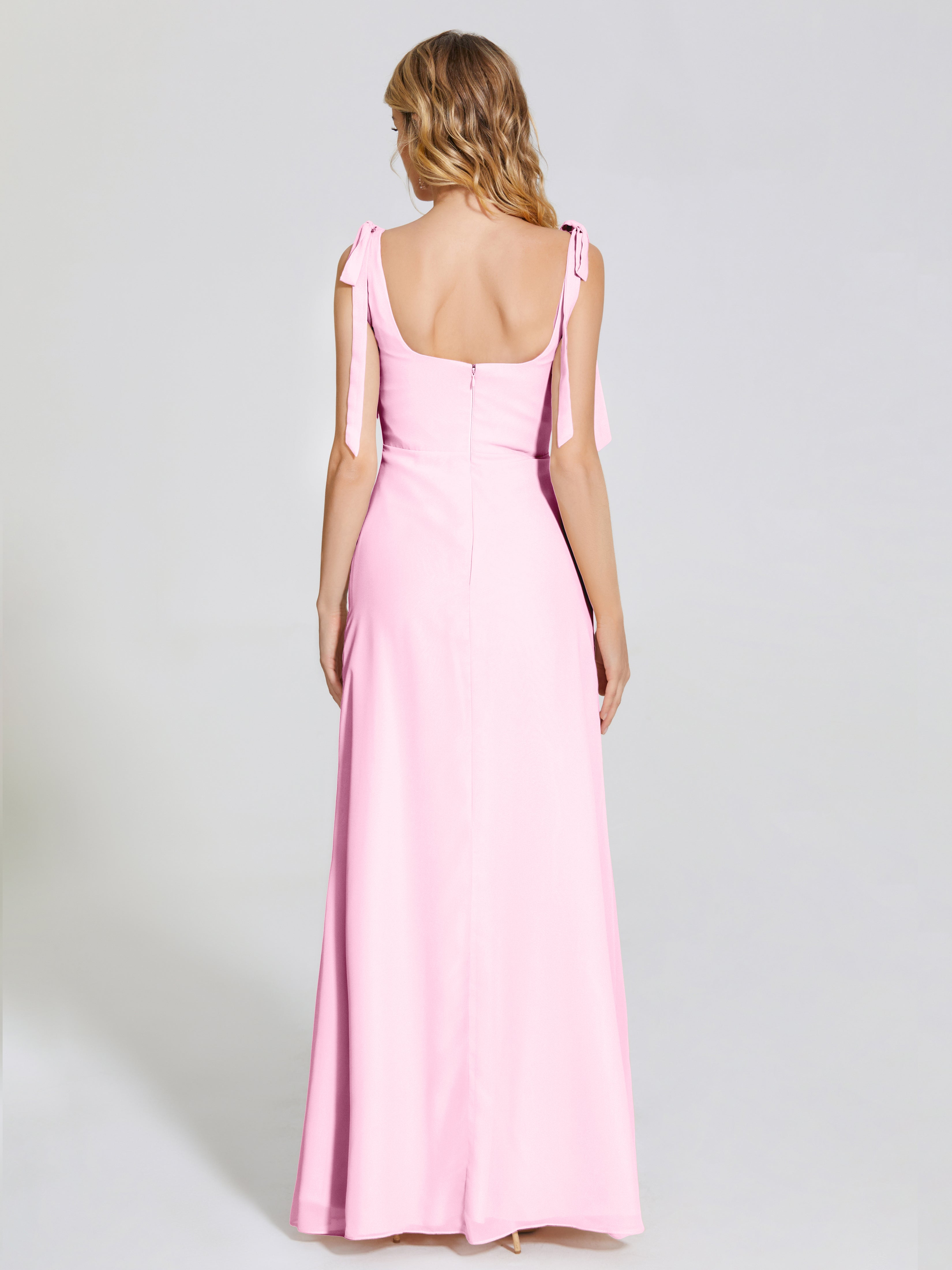 Robe Demoiselle D Honneur Rose Bonbon Fendue Devant Encolure Carrée Mousseline Robe De Demoiselle D'Honneur