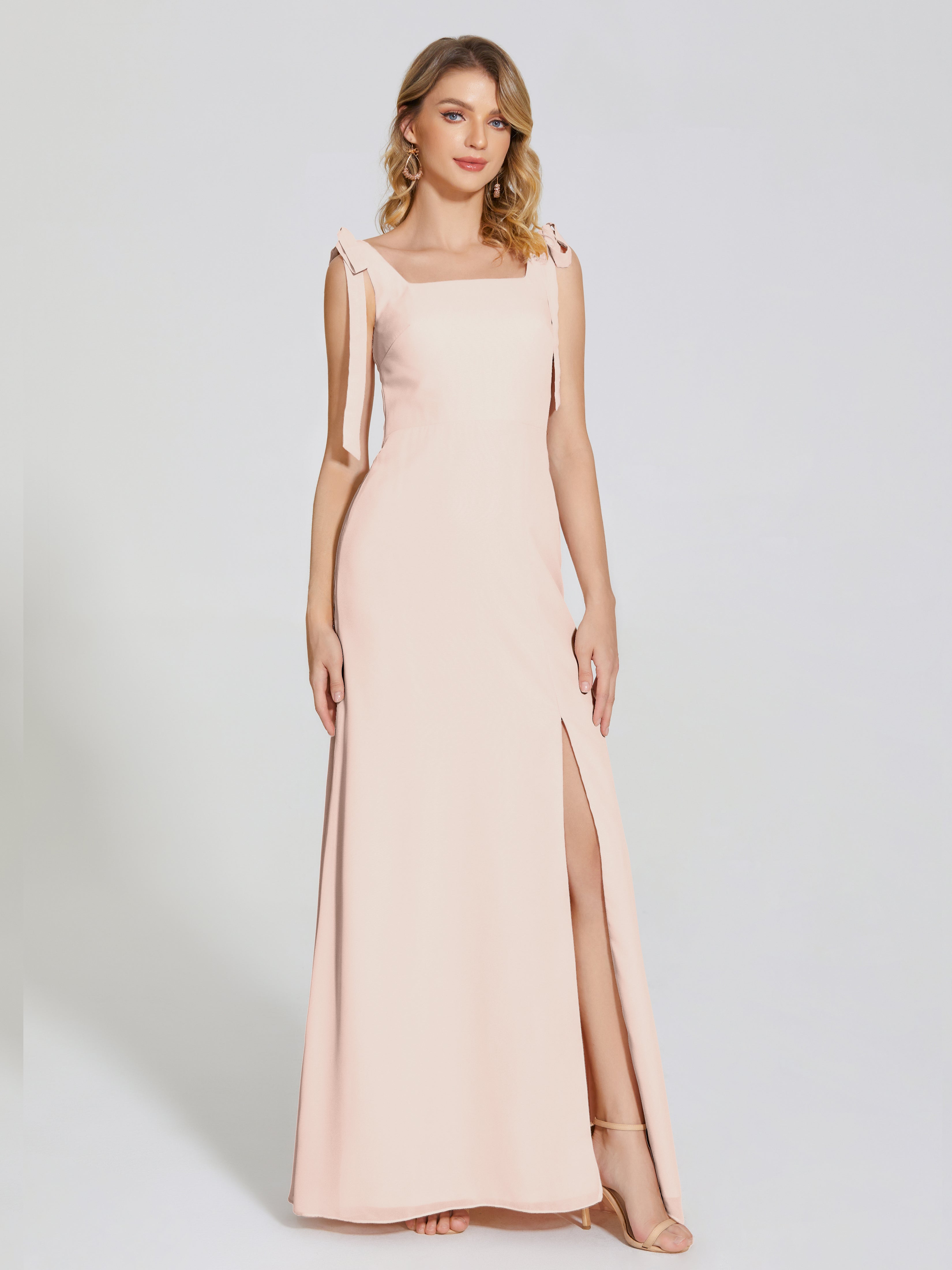 Robe Demoiselle D Honneur Rose Perle Fendue Devant Encolure Carrée Mousseline Robe De Demoiselle D'Honneur