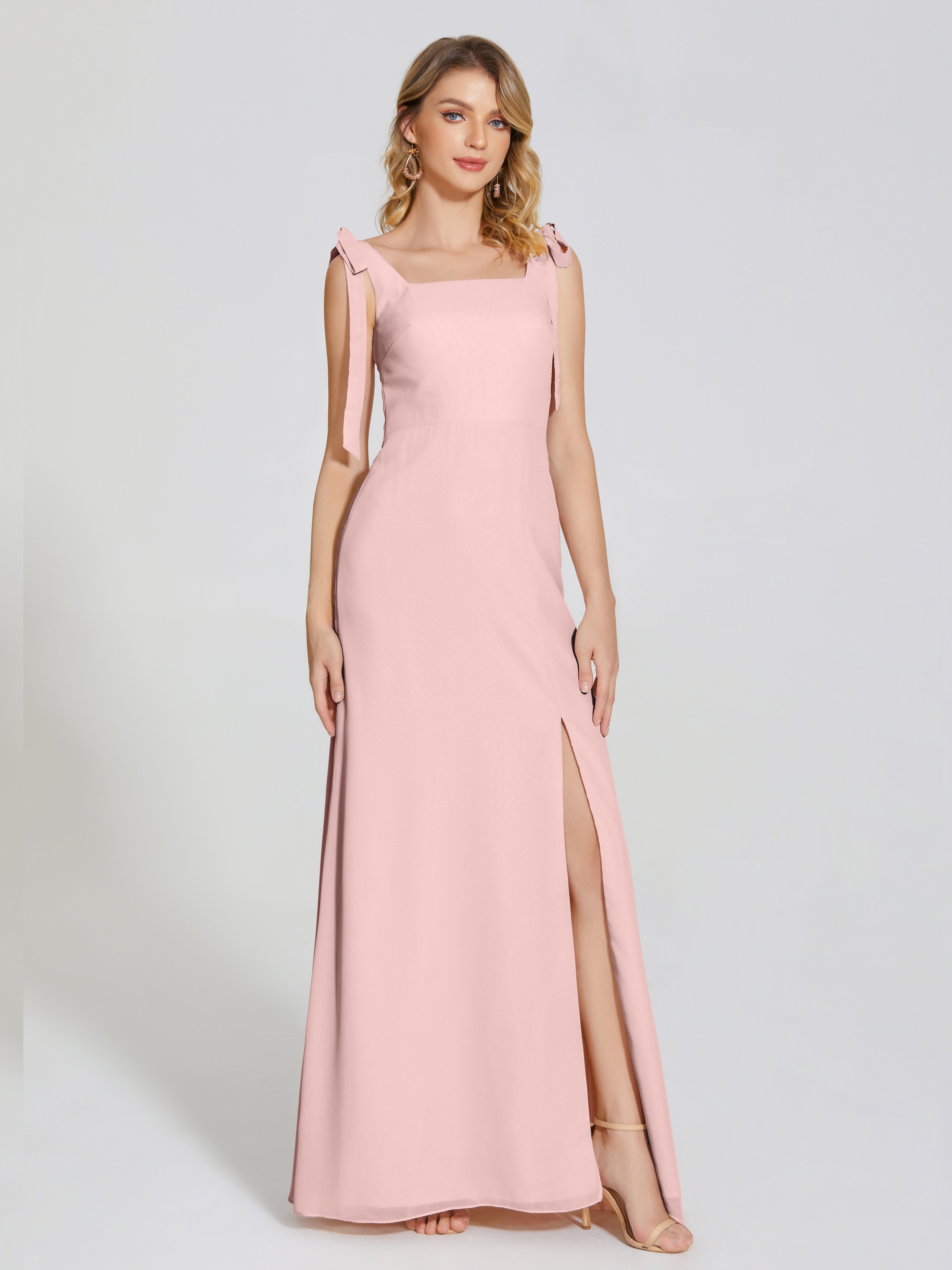 Robe Demoiselle D Honneur Rose Poudre Fendue Devant Encolure Carrée Mousseline Robe De Demoiselle D'Honneur