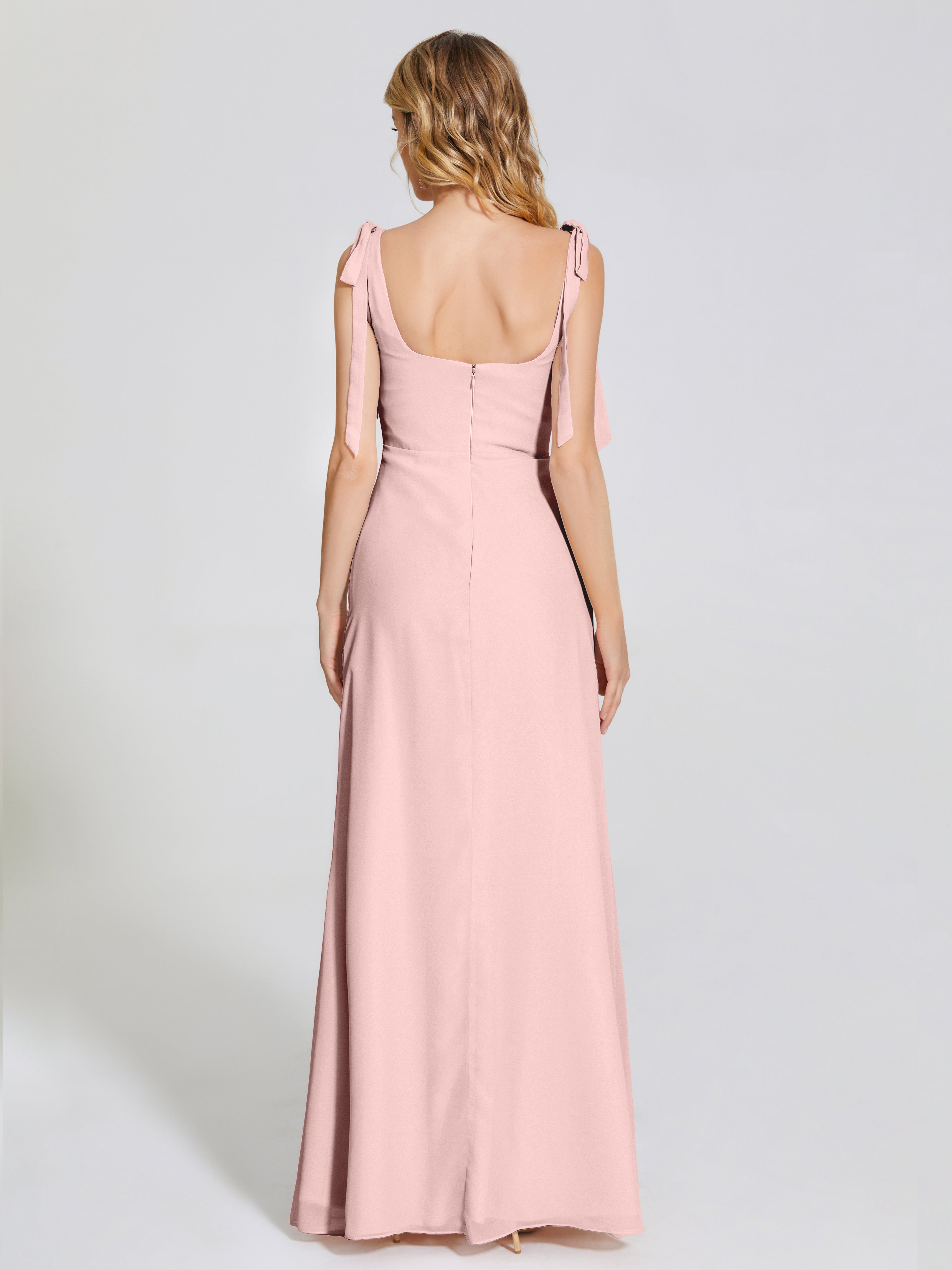 Robe Demoiselle D Honneur Rose Poudre Fendue Devant Encolure Carrée Mousseline Robe De Demoiselle D'Honneur