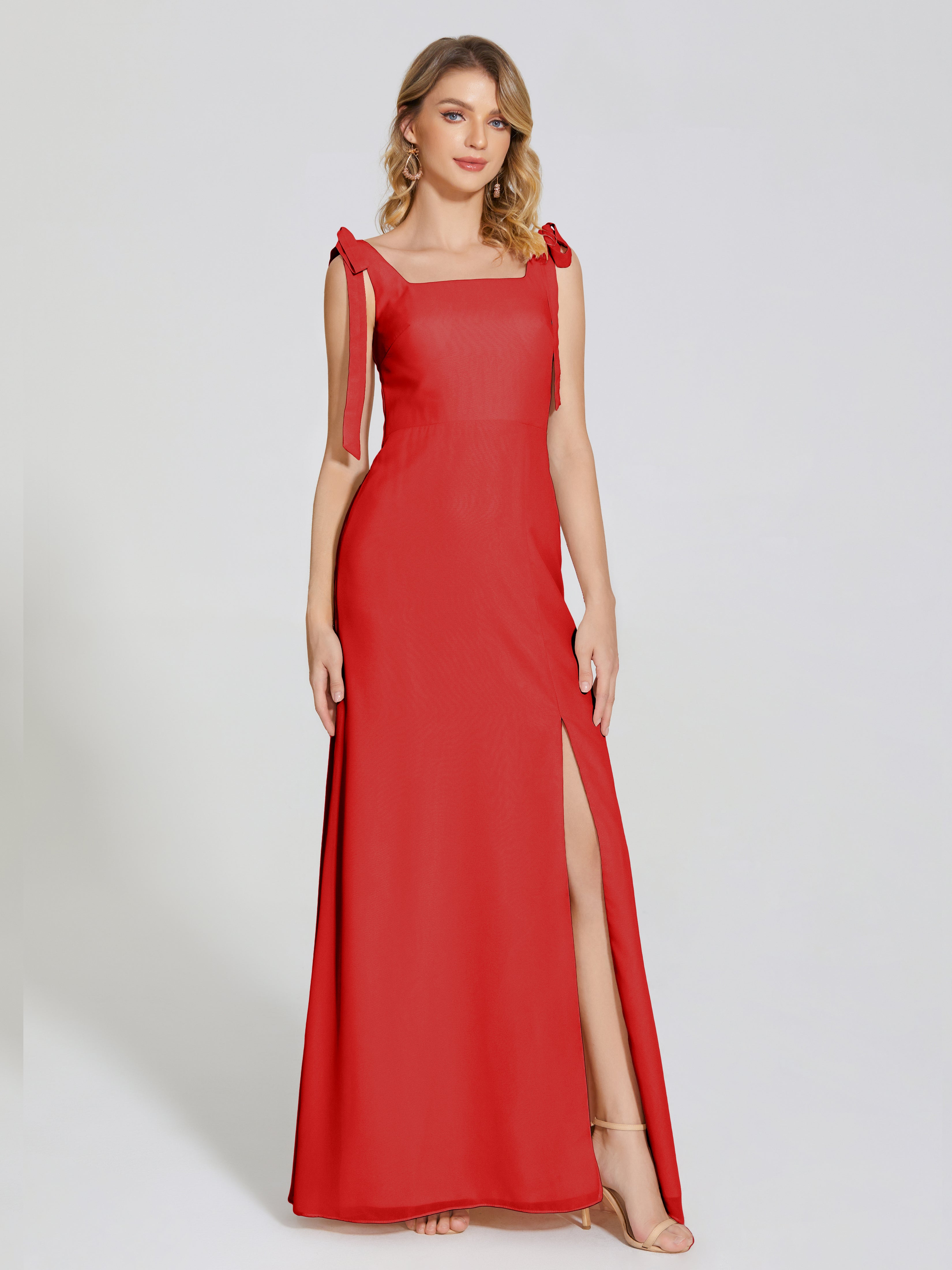 Robe Rouge Demoiselle D Honneur Fendue Devant Encolure Carrée Mousseline Robe De Demoiselle D'Honneur