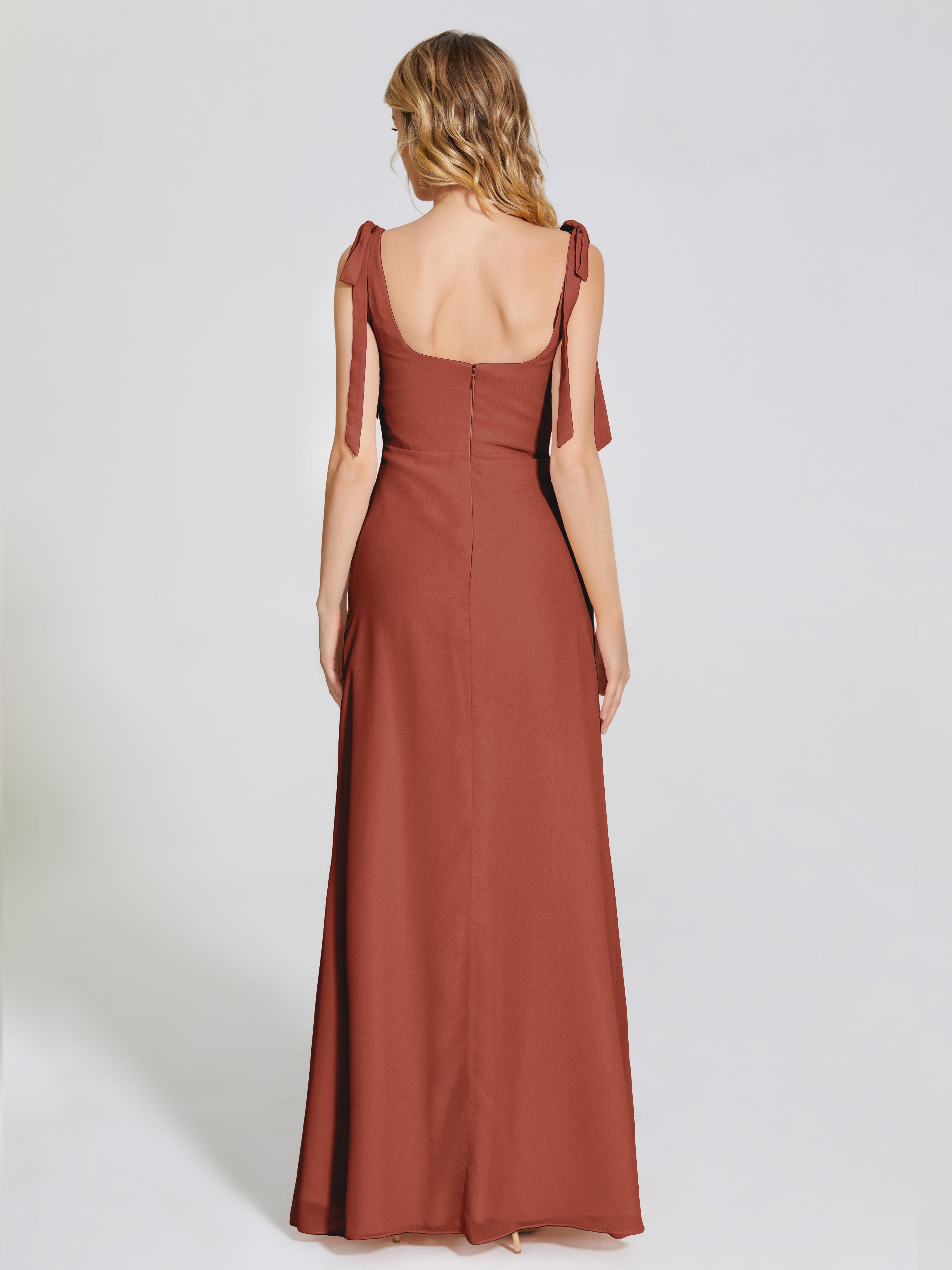 Longues Robes De Demoiselle D'Honneur De Rouille Fendue Devant Encolure Carrée Mousseline Robe De Demoiselle D'Honneur