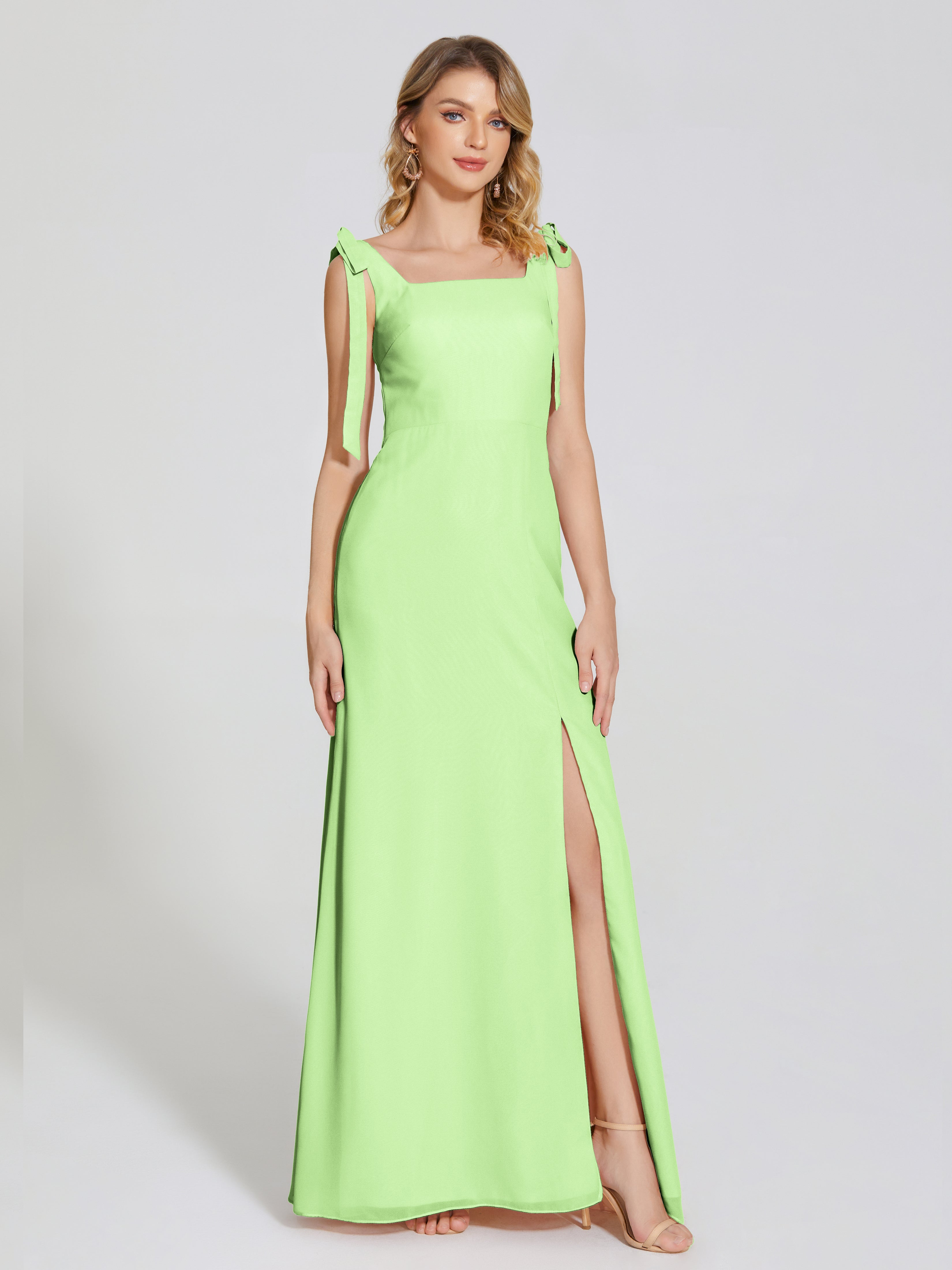 Robe Demoiselle D Honneur Verte Sauge Fendue Devant Encolure Carrée Mousseline Robe De Demoiselle D'Honneur