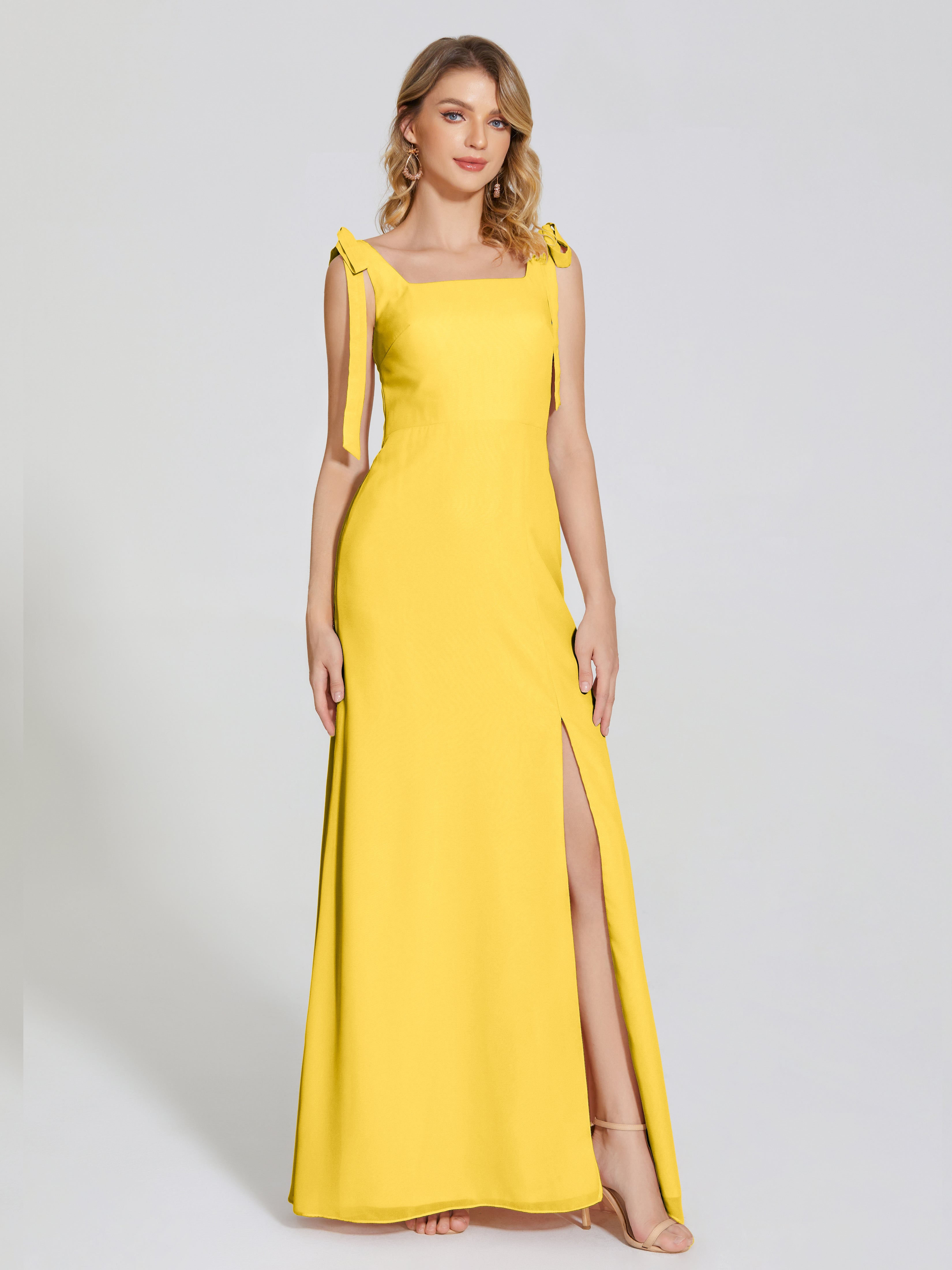 Robe De Demoiselle D'Honneur Souci Fendue Devant Encolure Carrée Mousseline Robe De Demoiselle D'Honneur