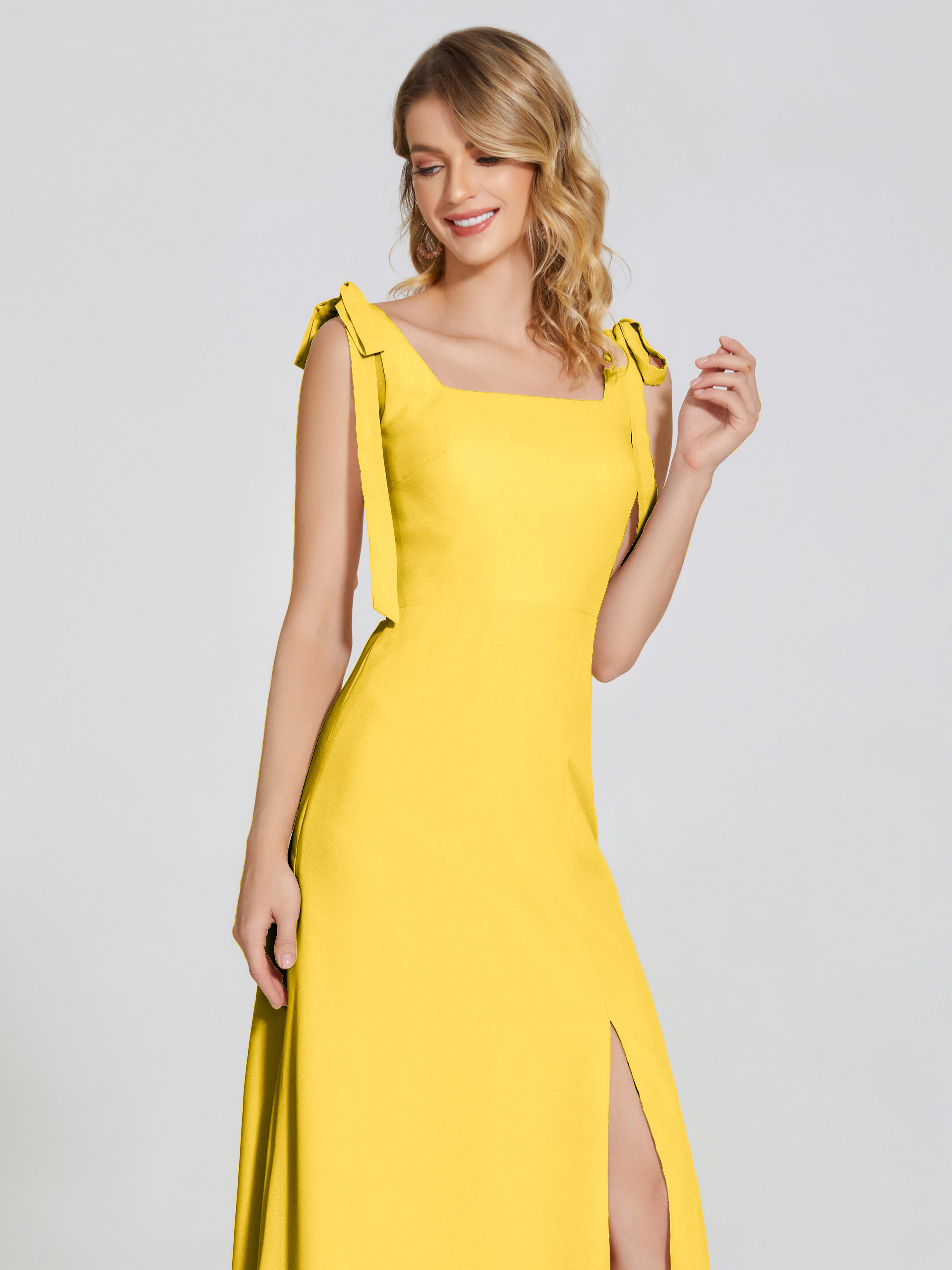 Robe De Demoiselle D'Honneur Souci Fendue Devant Encolure Carrée Mousseline Robe De Demoiselle D'Honneur