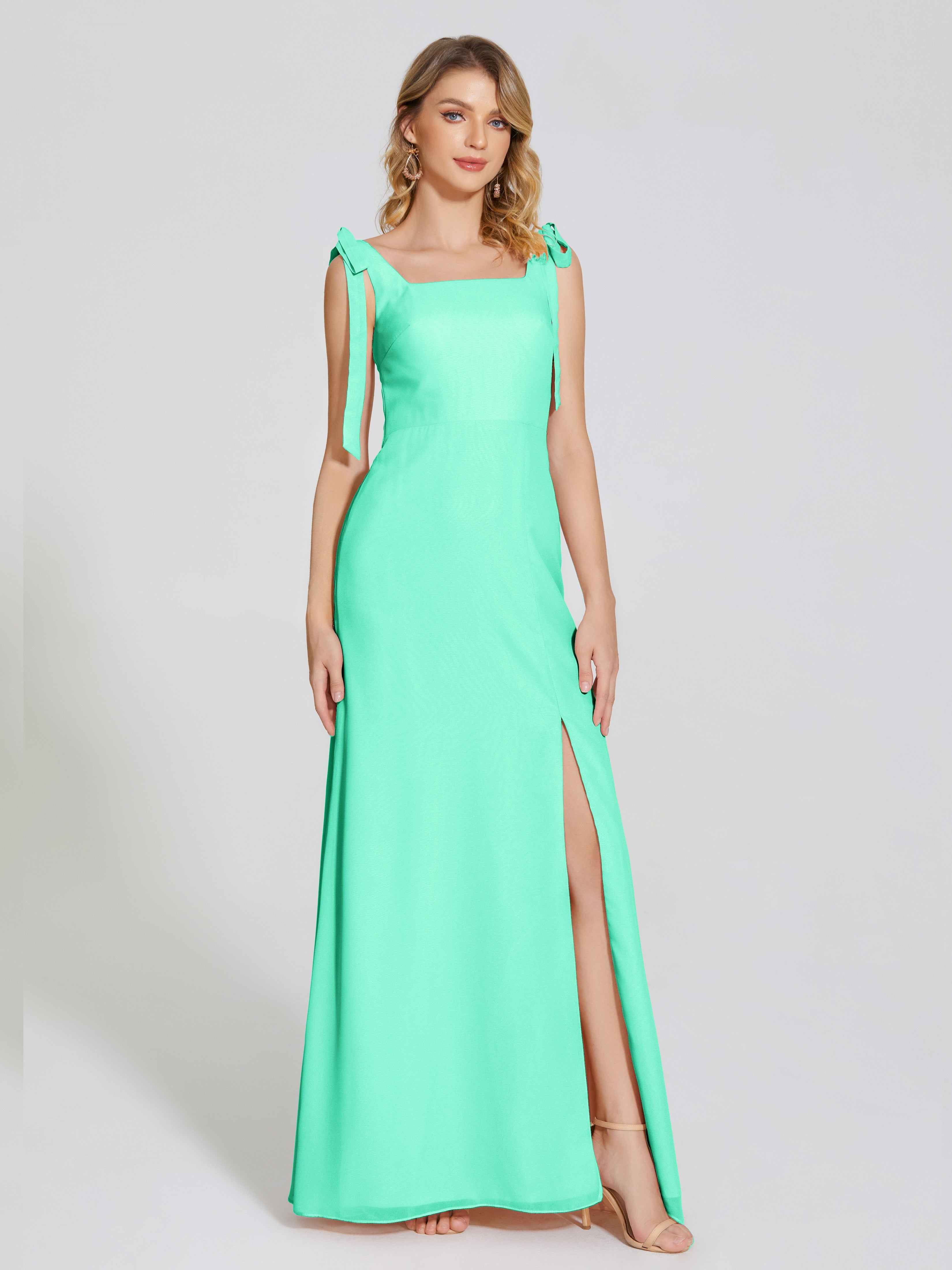 Demoiselle Dhonneur Robe Turquoise Fendue Devant Encolure Carrée Mousseline Robe De Demoiselle D'Honneur