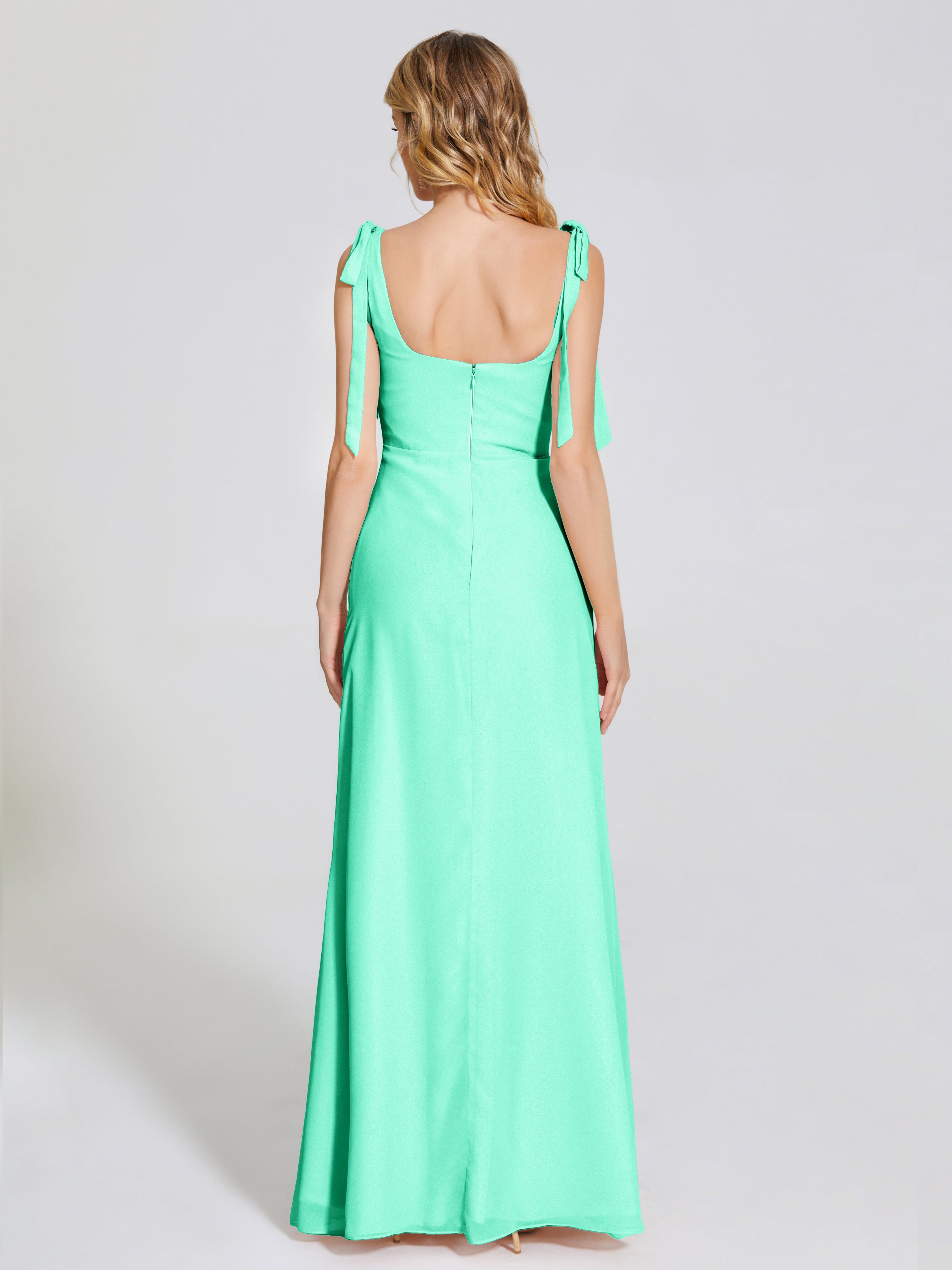 Demoiselle Dhonneur Robe Turquoise Fendue Devant Encolure Carrée Mousseline Robe De Demoiselle D'Honneur