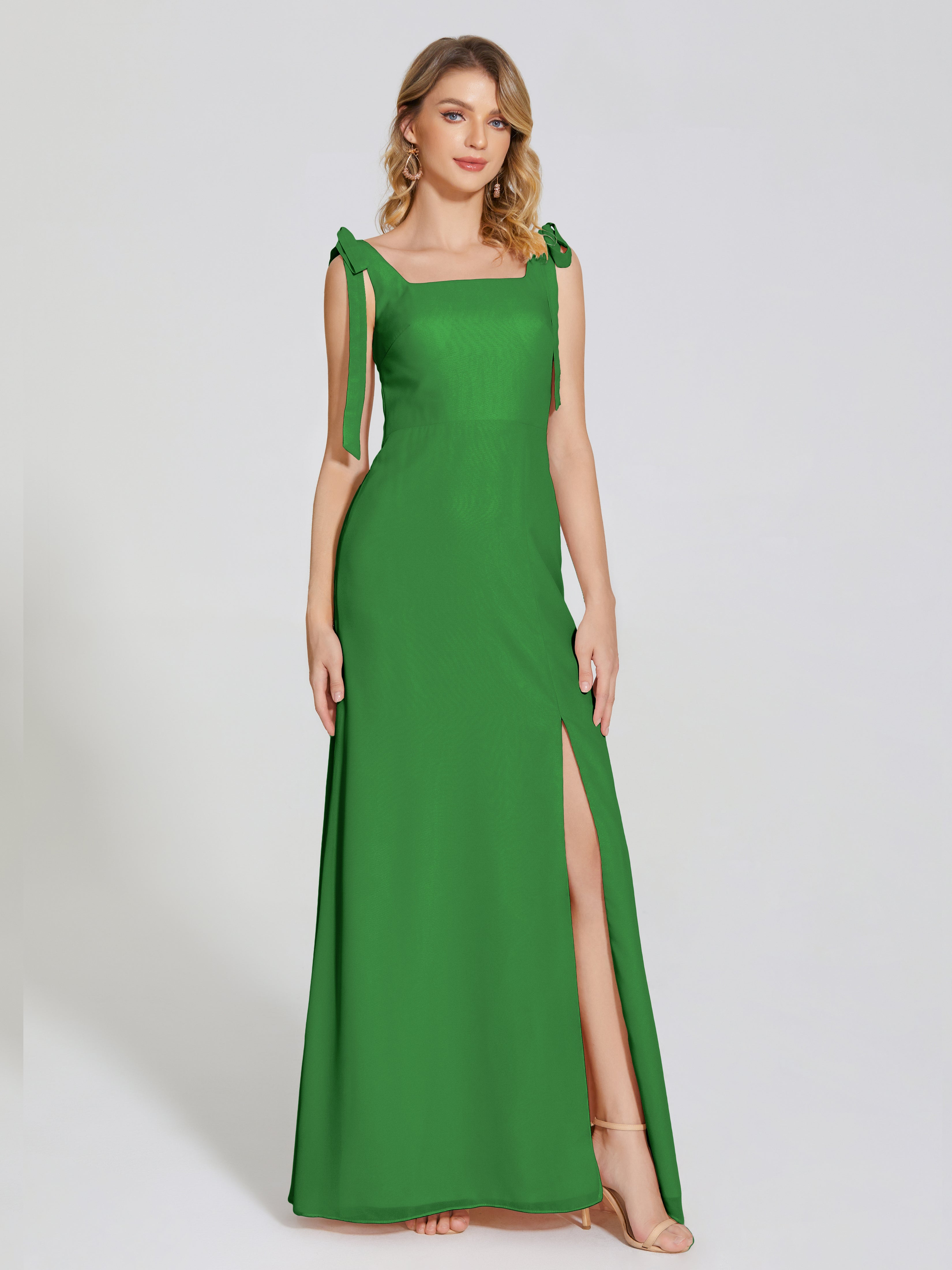 Robes De Demoiselle D'Honneur Vertes Fendue Devant Encolure Carrée Mousseline Robe De Demoiselle D'Honneur