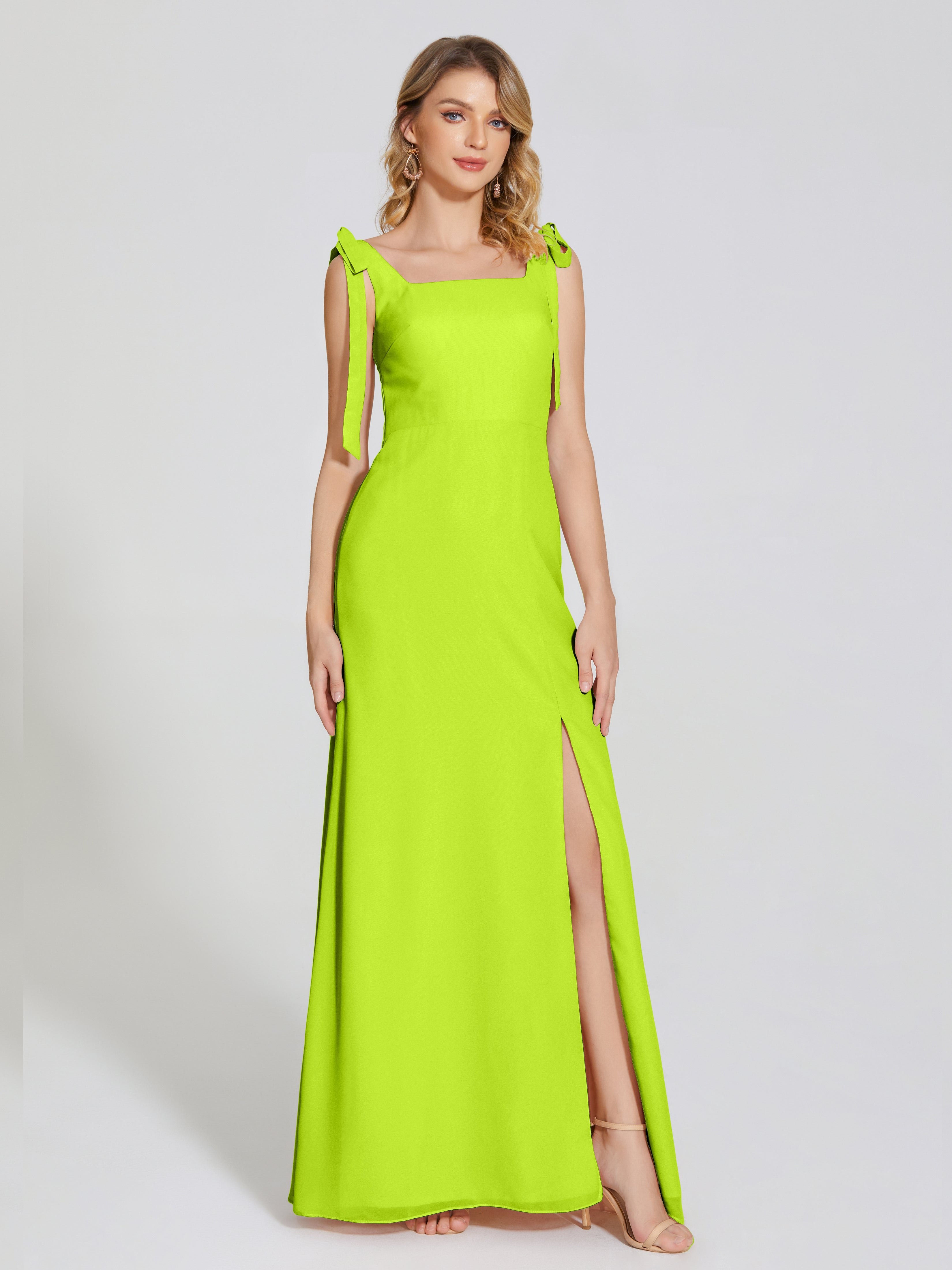 Robes De Demoiselle D'Honneur Vert Citron Fendue Devant Encolure Carrée Mousseline Robe De Demoiselle D'Honneur