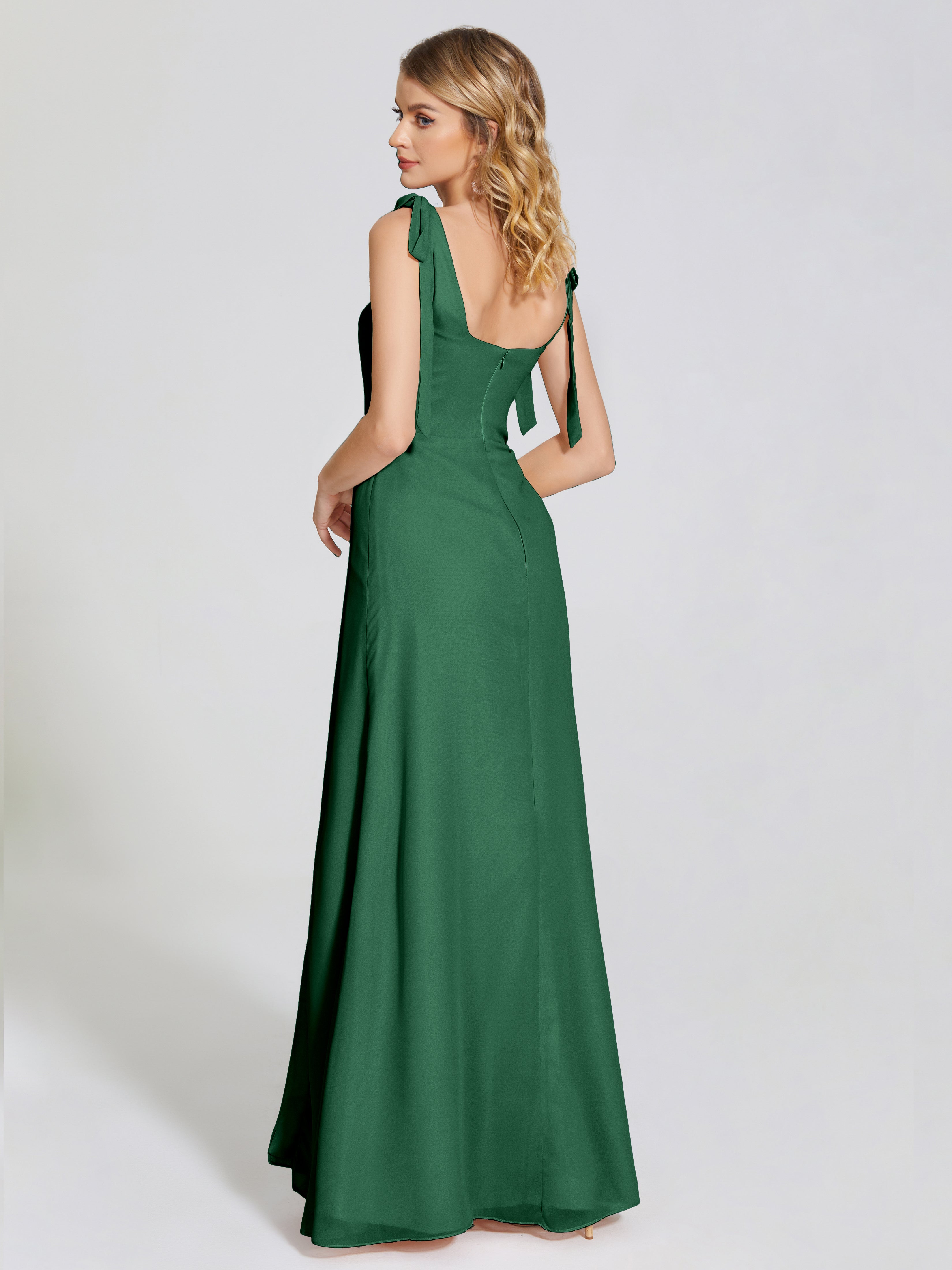 Robes De Demoiselle D'Honneur Vert Foncé Fendue Devant Encolure Carrée Mousseline Robe De Demoiselle D'Honneur