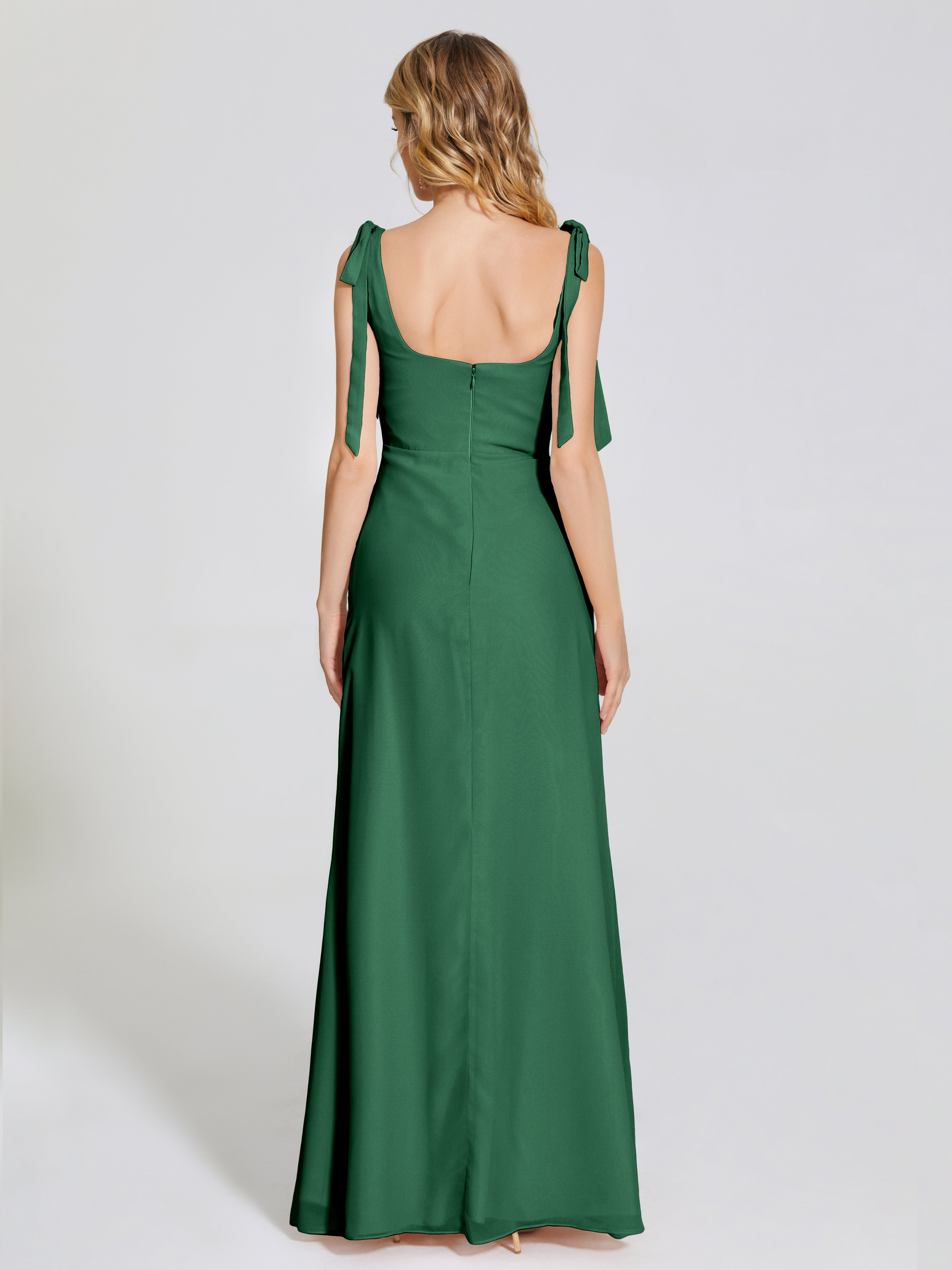 Robes De Demoiselle D'Honneur Vert Foncé Fendue Devant Encolure Carrée Mousseline Robe De Demoiselle D'Honneur