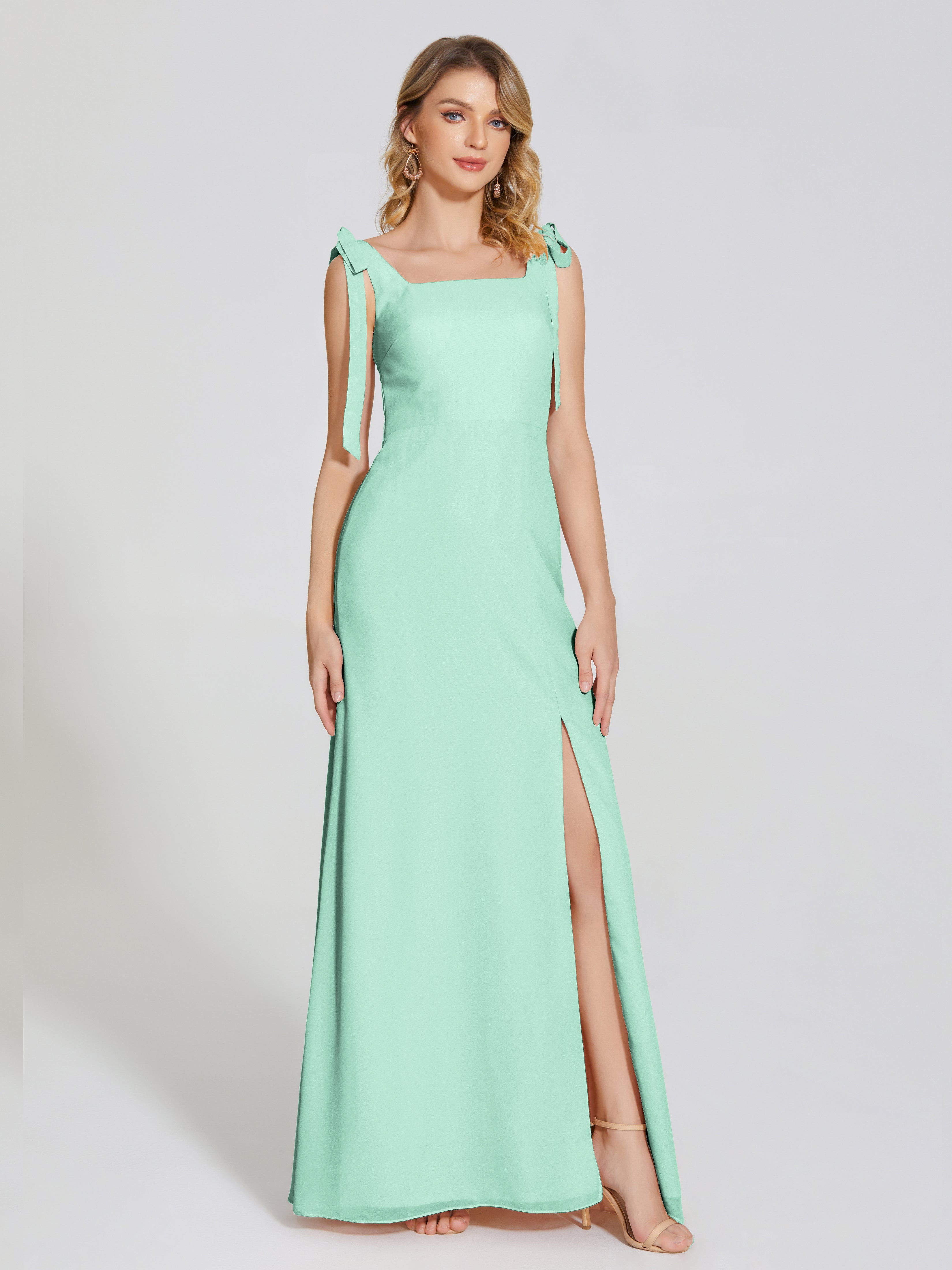 Robe Demoiselle D Honneur Vert Menthe Fendue Devant Encolure Carrée Mousseline Robe De Demoiselle D'Honneur