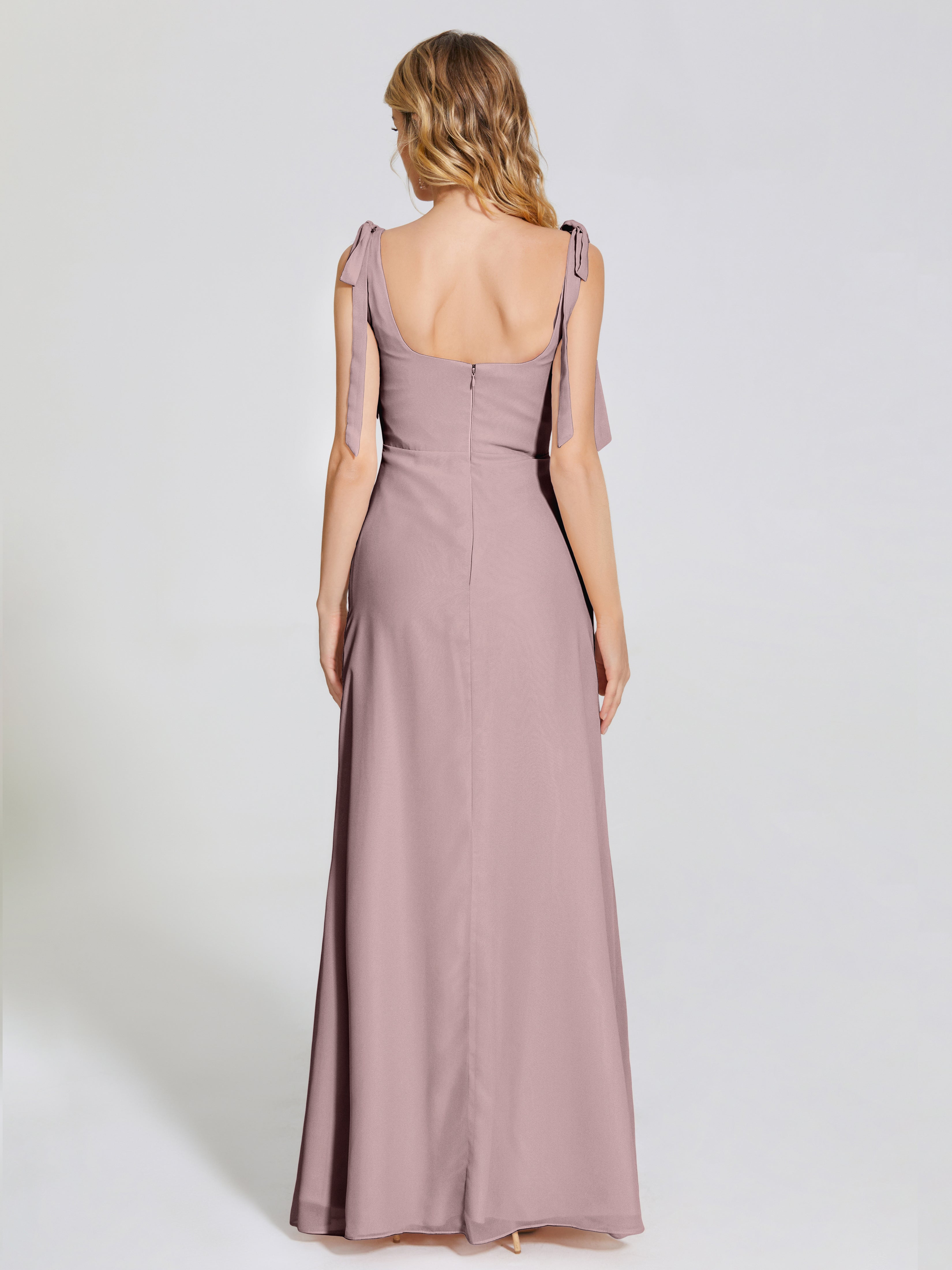 Robes De Demoiselle D'Honneur Mauve Foncé Fendue Devant Encolure Carrée Mousseline Robe De Demoiselle D'Honneur