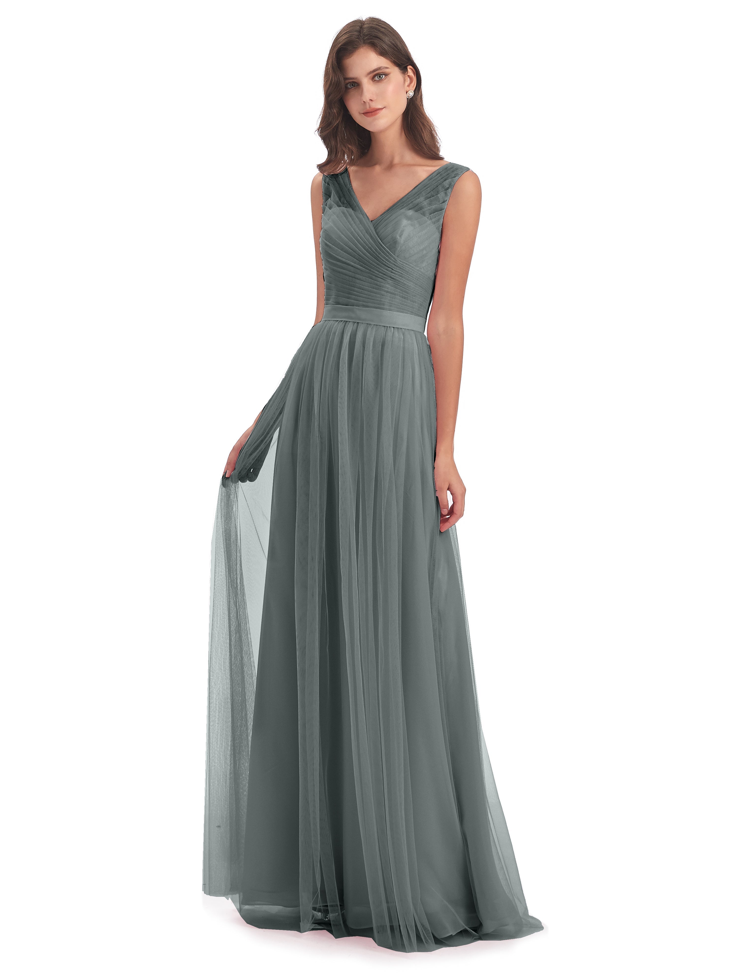 Robes De Demoiselle D'Honneur Gris Argenté Mila Dos En V Tulle Robes Demoiselle D'Honneur