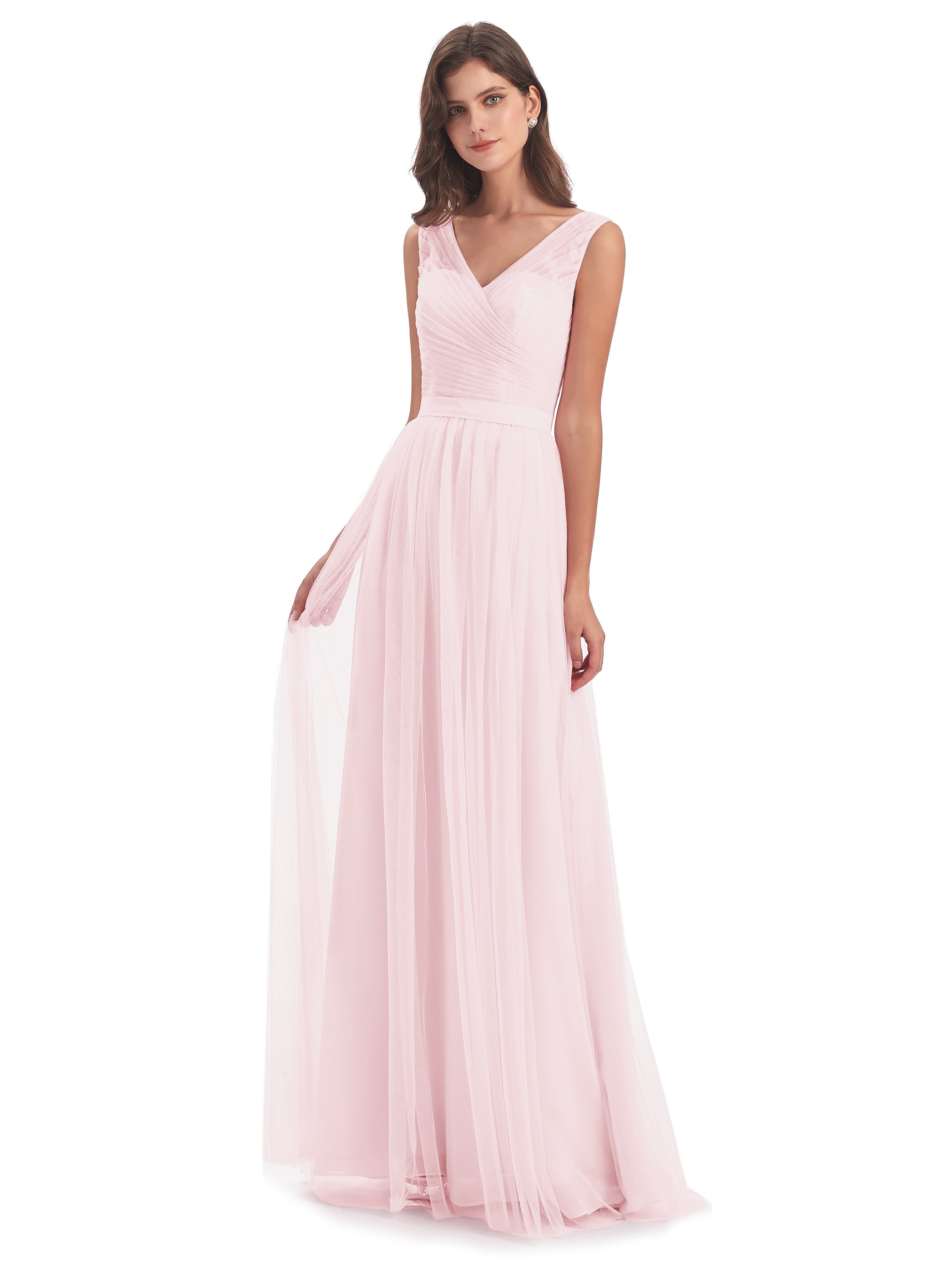 Robes Demoiselles D Honneur Rose Pale Mila Dos En V Tulle Robes Demoiselle D'Honneur