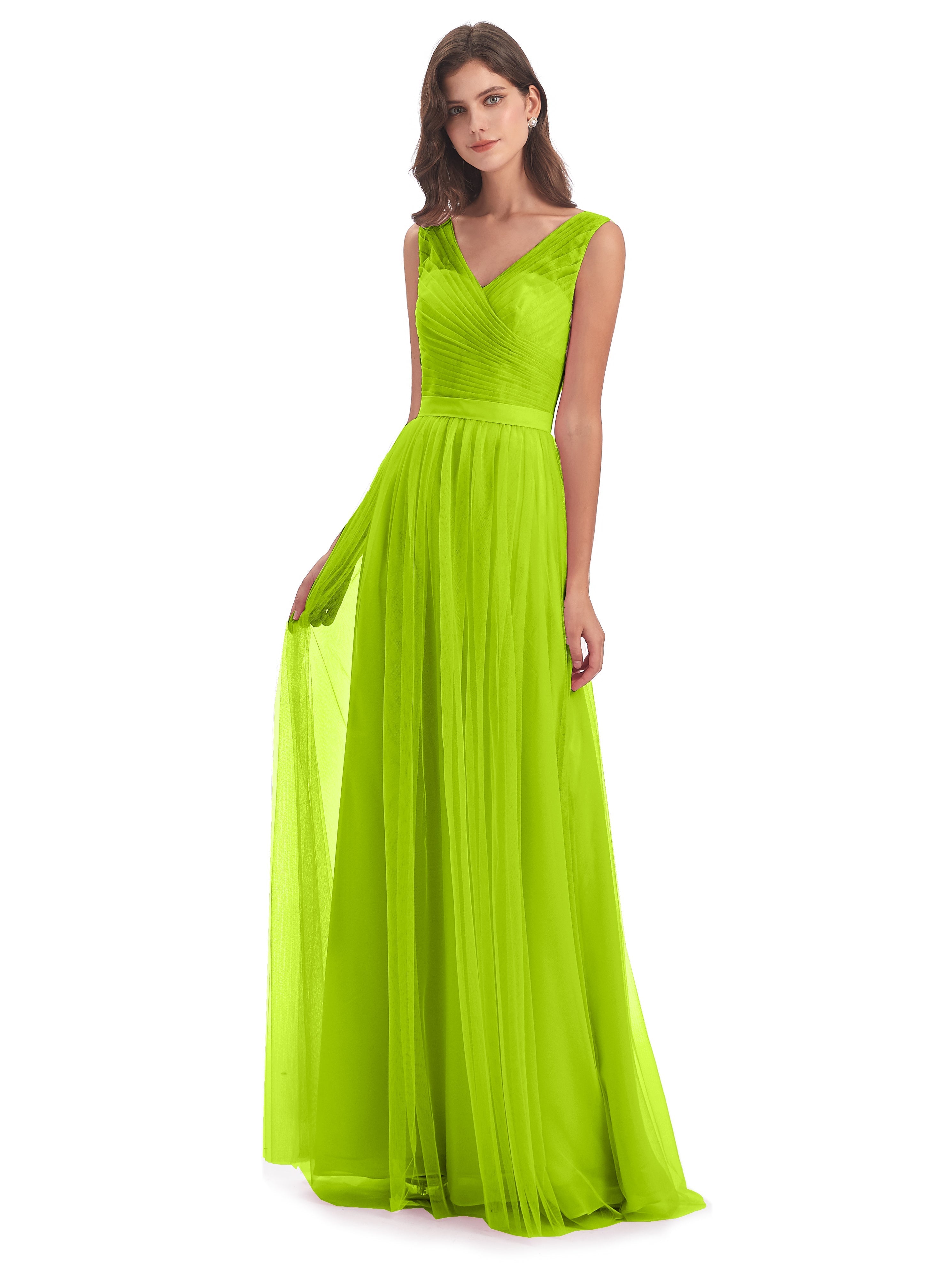 Robes De Demoiselle D'Honneur Vert Citron Mila Dos En V Tulle Robes Demoiselle D'Honneur