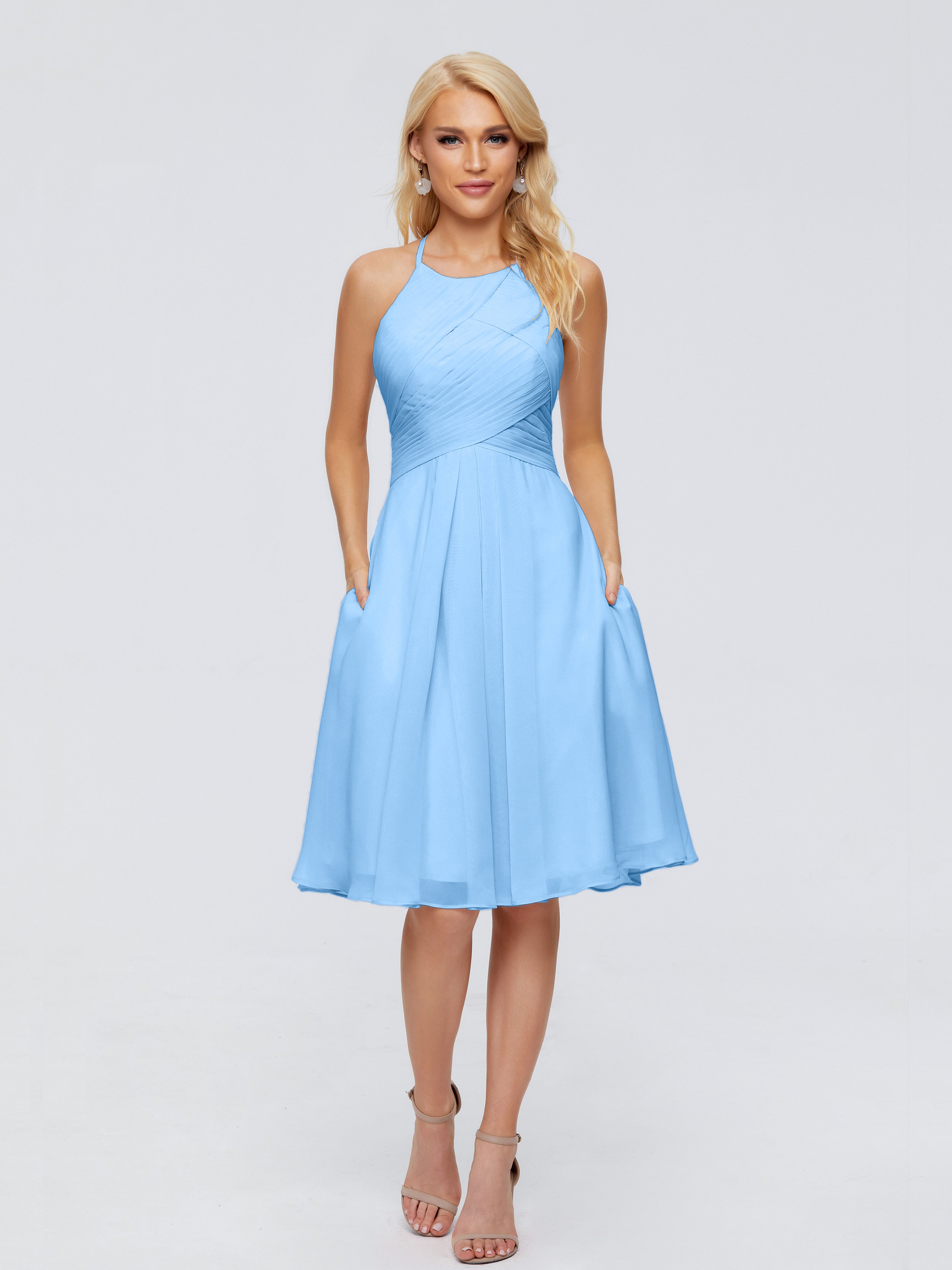 Robes De Demoiselle D'Honneur Bleues Shorts Licou Longueur Genou Robes Demoiselle D'Honneur