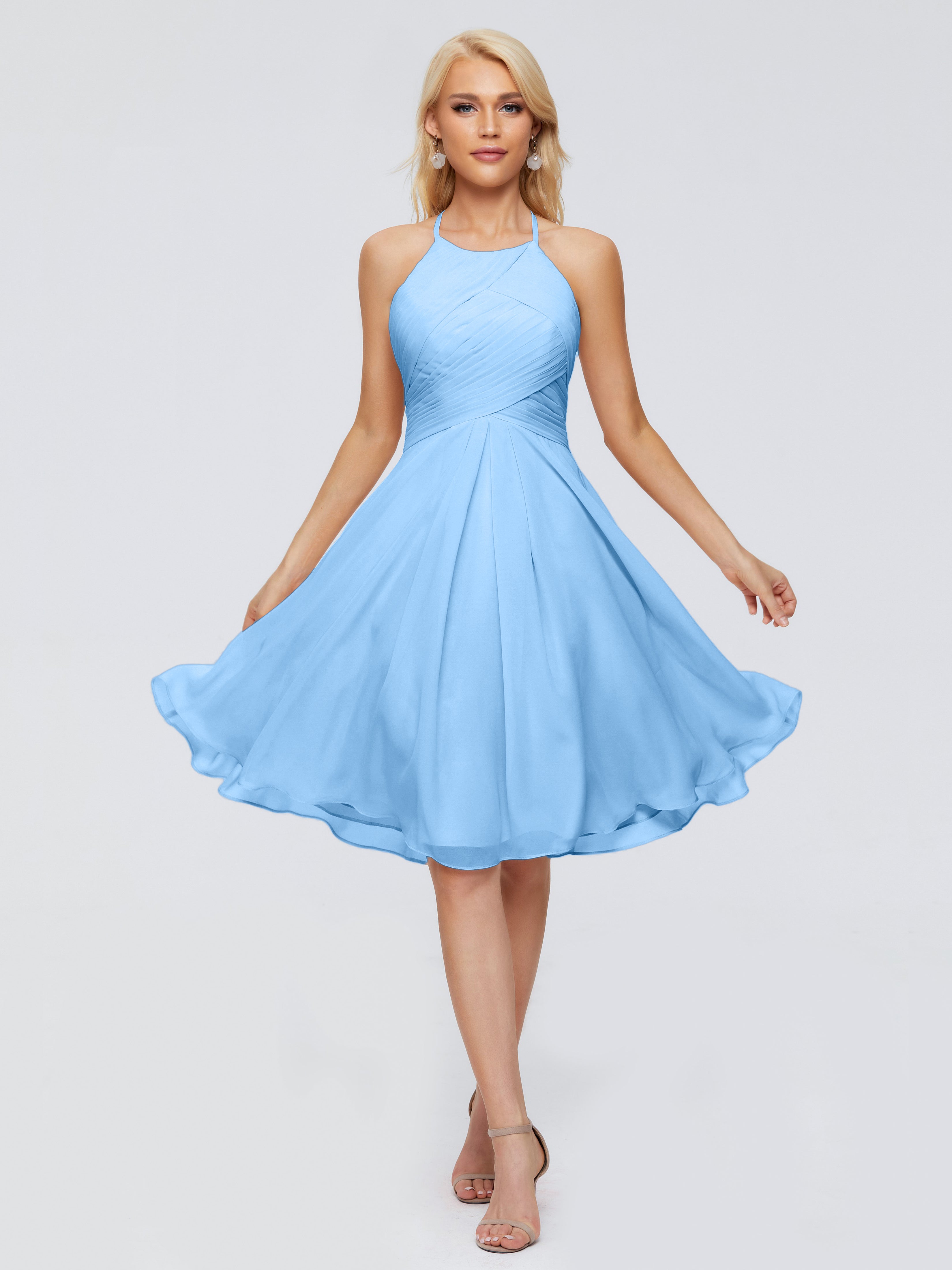 Robes De Demoiselle D'Honneur Bleues Shorts Licou Longueur Genou Robes Demoiselle D'Honneur