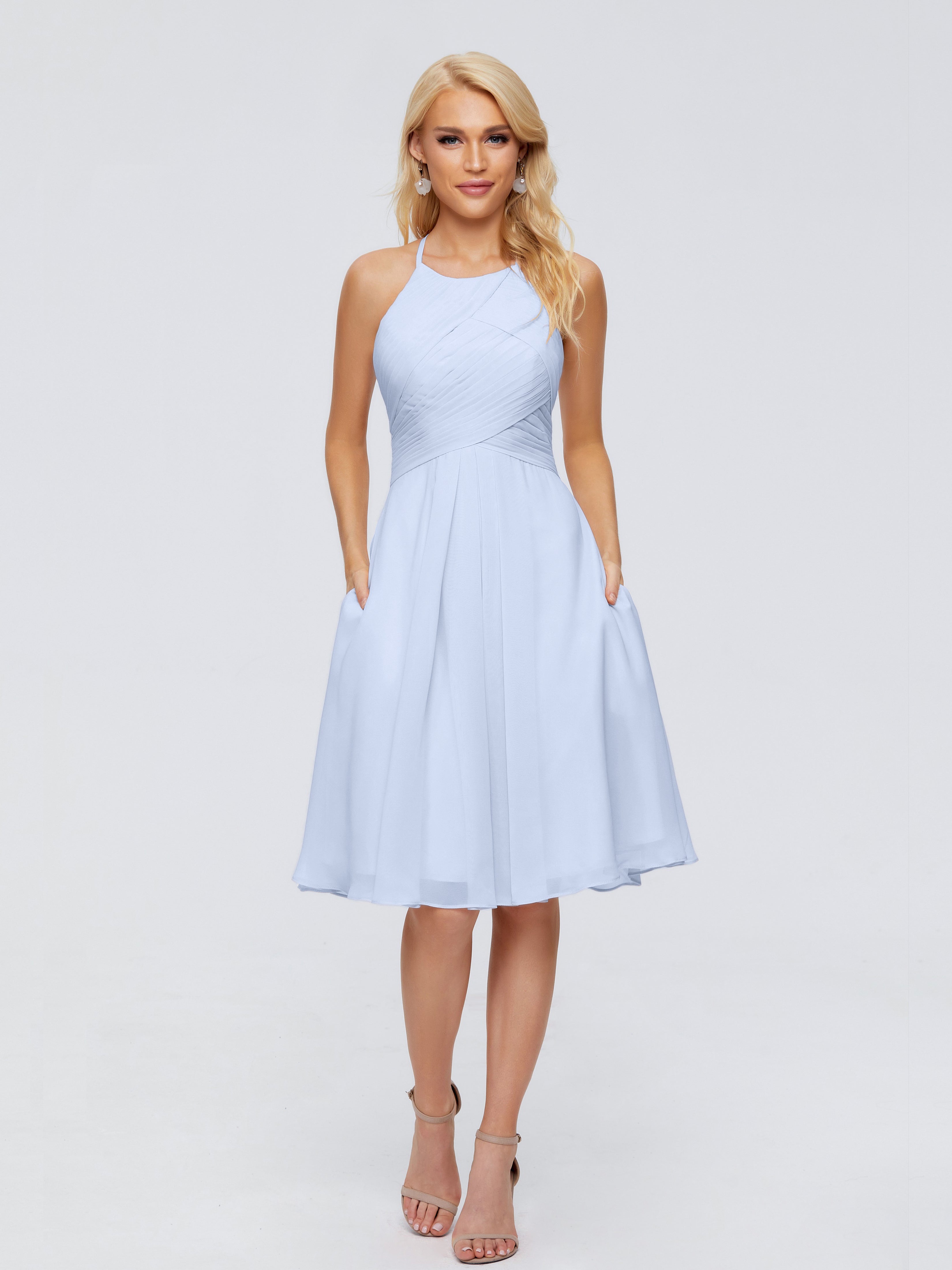 Robe De Demoiselle D Honneur Bleu Ciel Licou Longueur Genou Robes Demoiselle D'Honneur