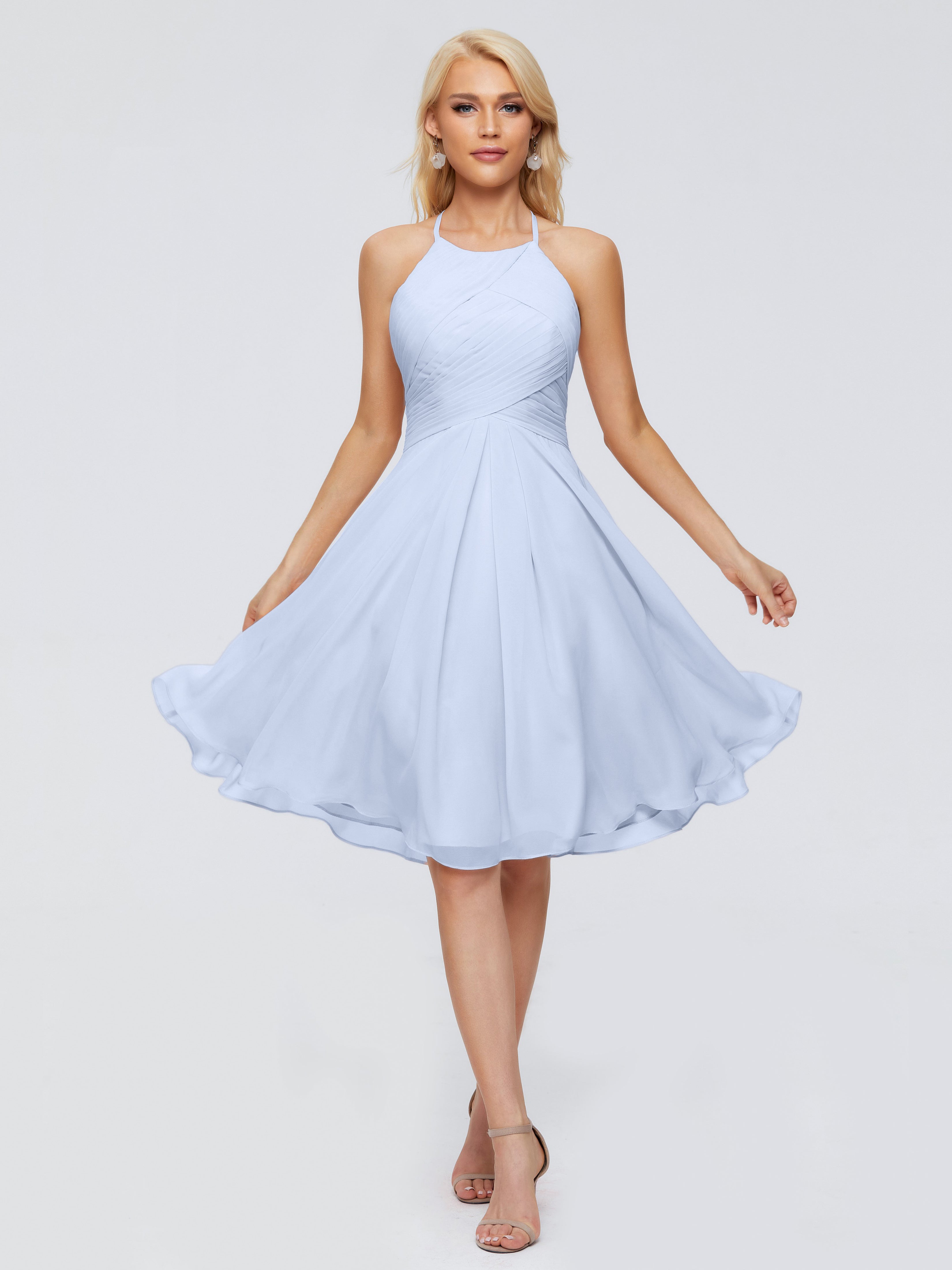 Robe De Demoiselle D Honneur Bleu Ciel Licou Longueur Genou Robes Demoiselle D'Honneur