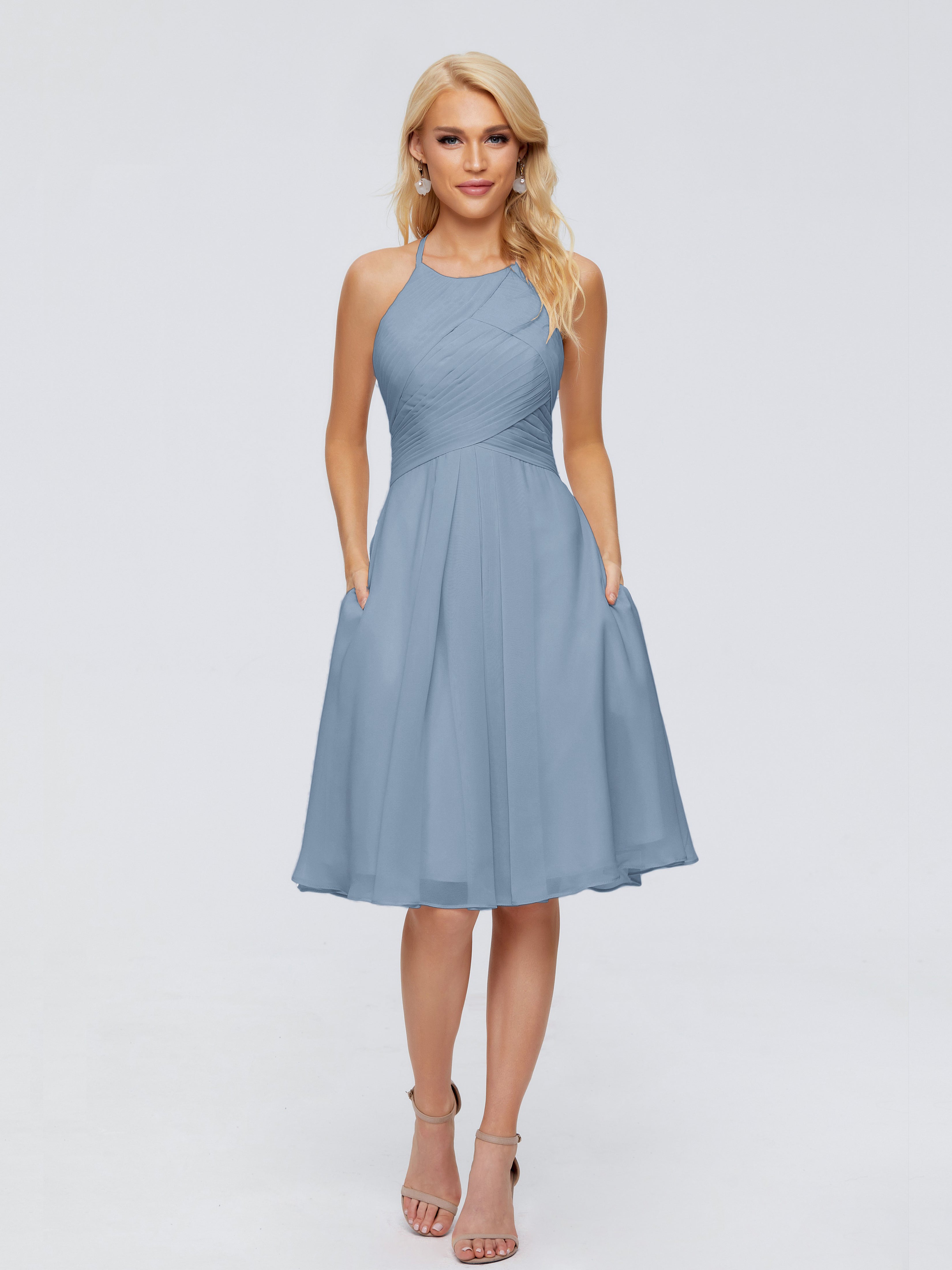 Robes De Demoiselle D'Honneur Bleu De Schiste Licou Longueur Genou Robes Demoiselle D'Honneur