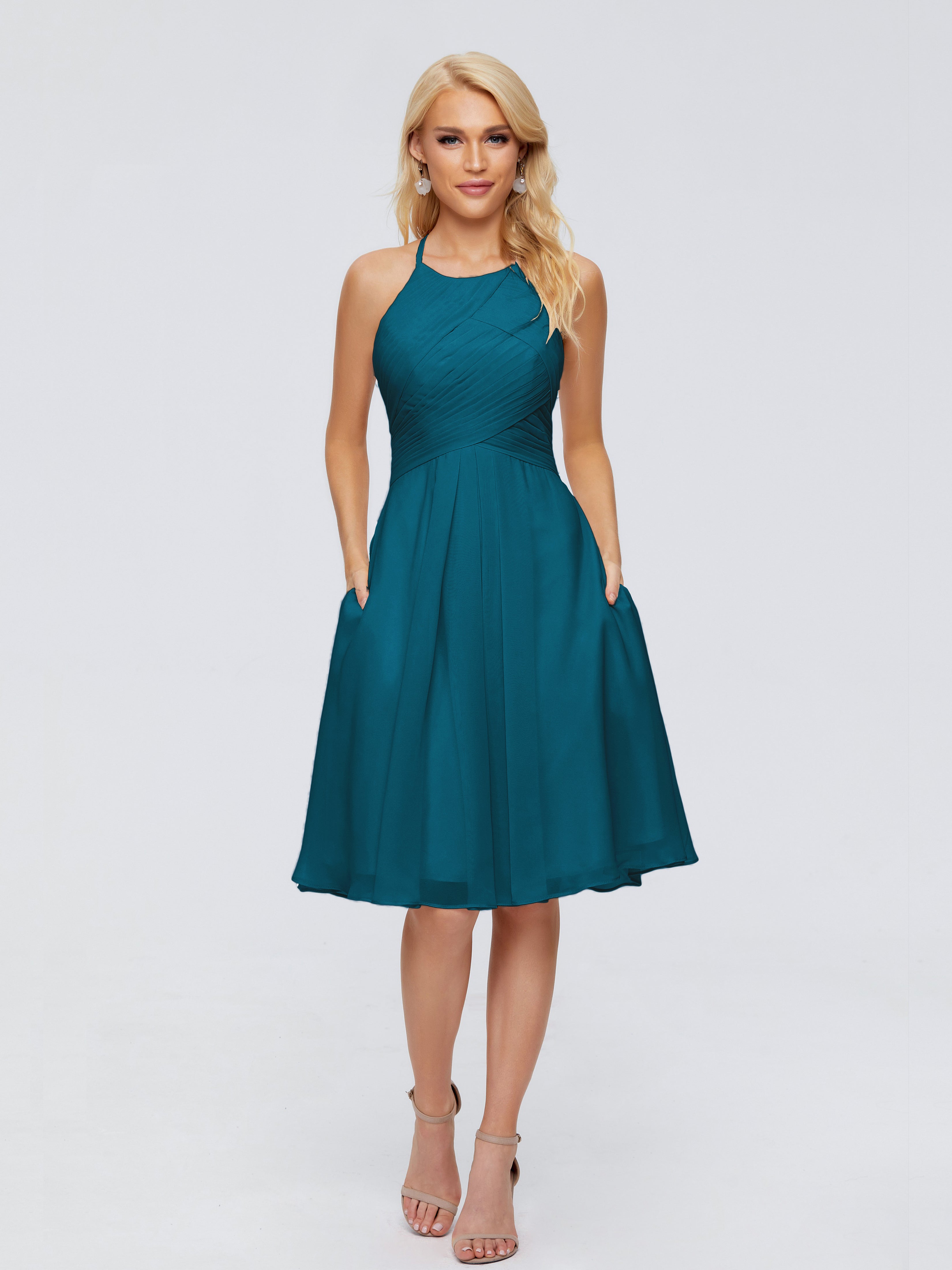 Robe De Demoiselle D'Honneur Bleu Encre Licou Longueur Genou Robes Demoiselle D'Honneur