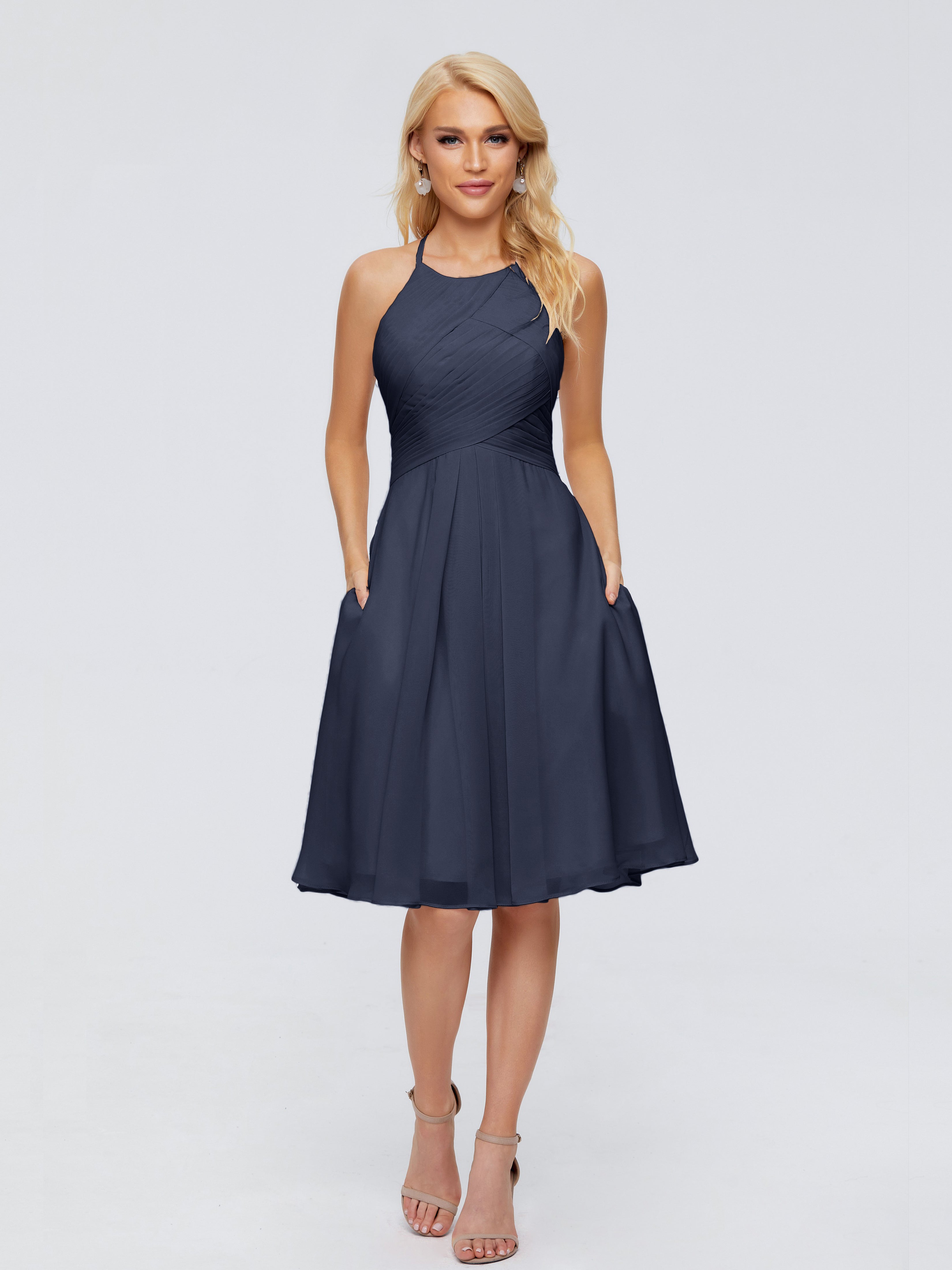 Robes De Demoiselle D'Honneur Bleu Marine Licou Longueur Genou Robes Demoiselle D'Honneur
