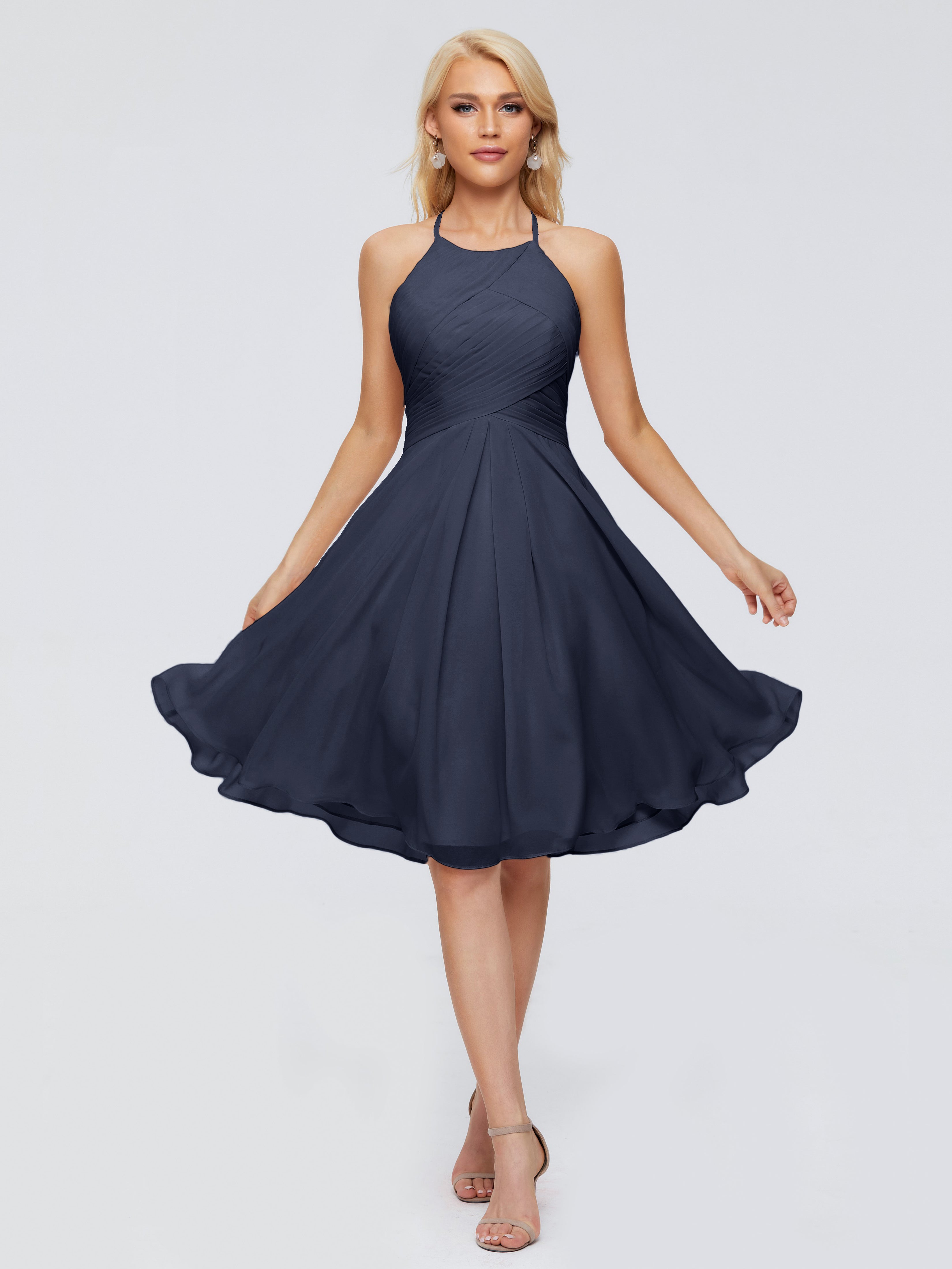 Robes De Demoiselle D'Honneur Bleu Marine Licou Longueur Genou Robes Demoiselle D'Honneur