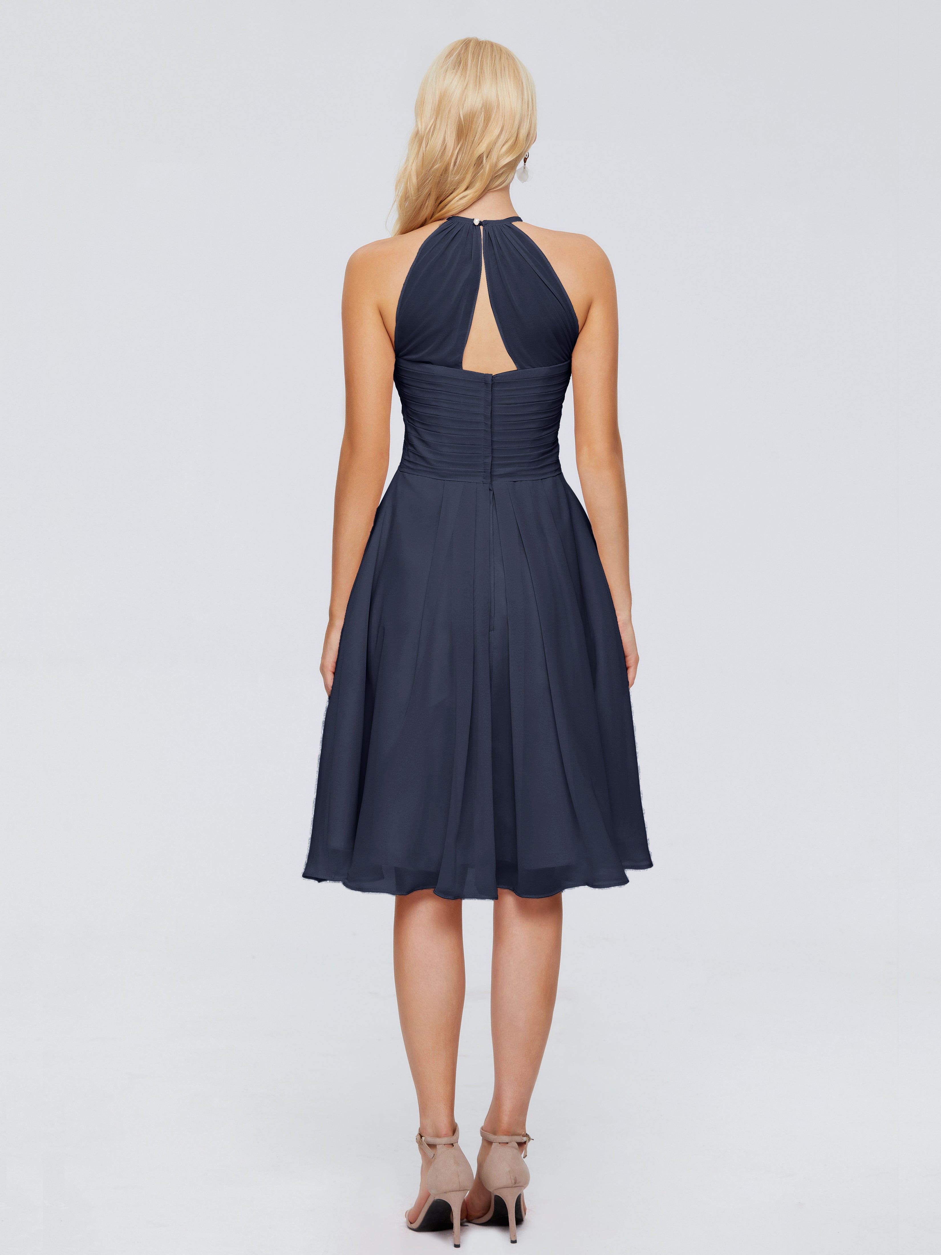 Robes De Demoiselle D'Honneur Bleu Marine Licou Longueur Genou Robes Demoiselle D'Honneur