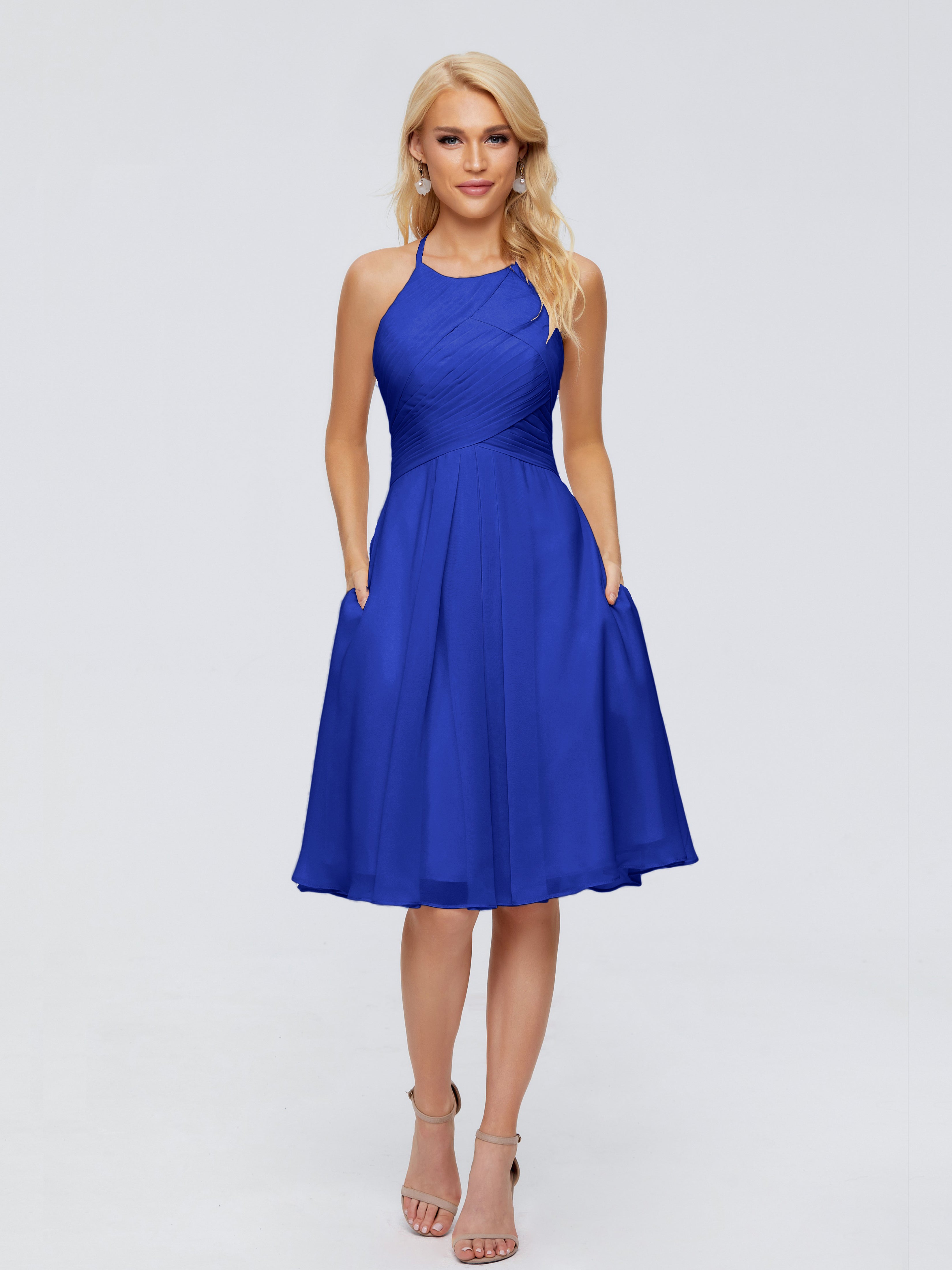 Robe Demoiselle D Honneur Bleu Royal Licou Longueur Genou Robes Demoiselle D'Honneur