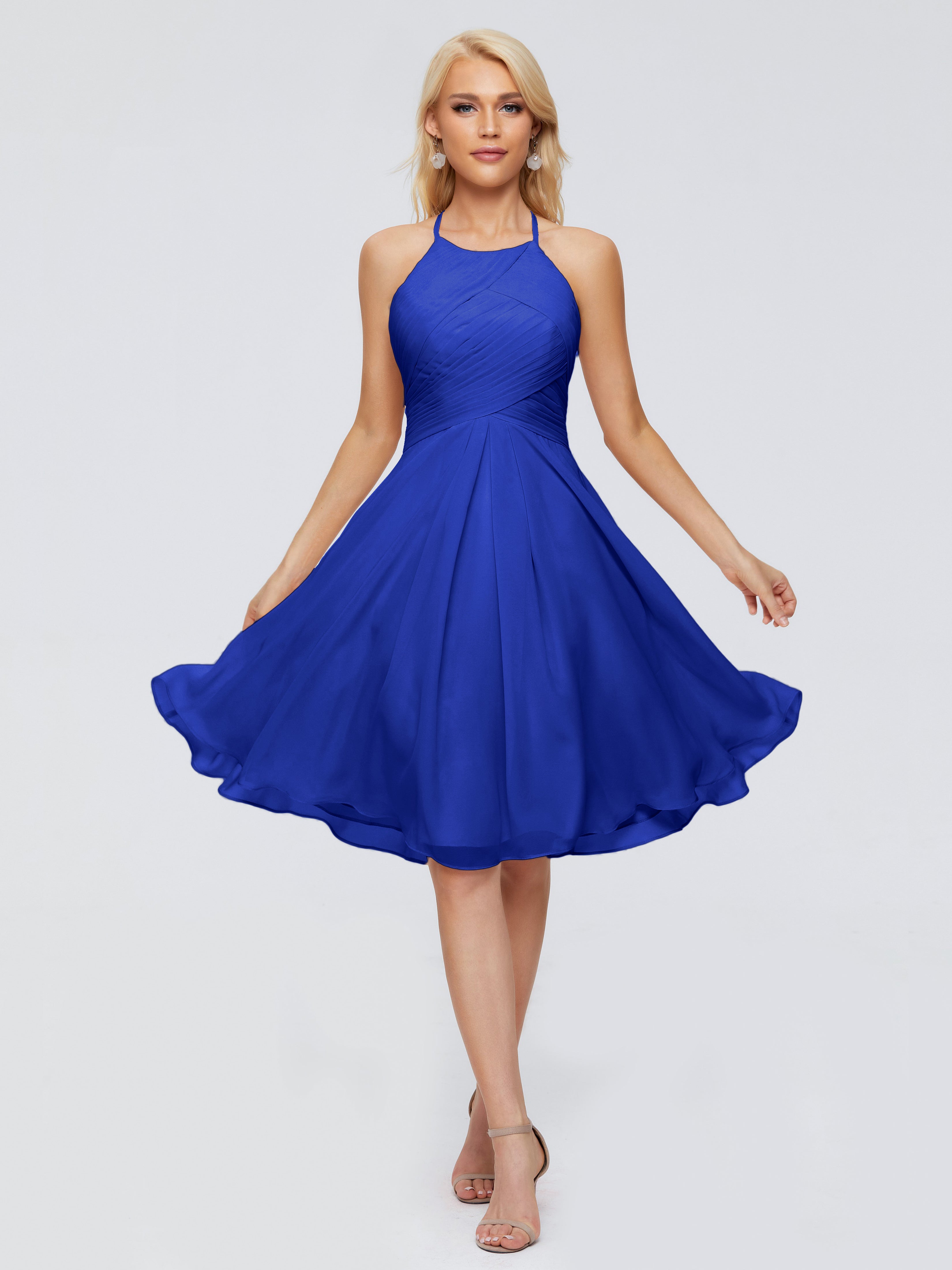 Robe Demoiselle D Honneur Bleu Royal Licou Longueur Genou Robes Demoiselle D'Honneur