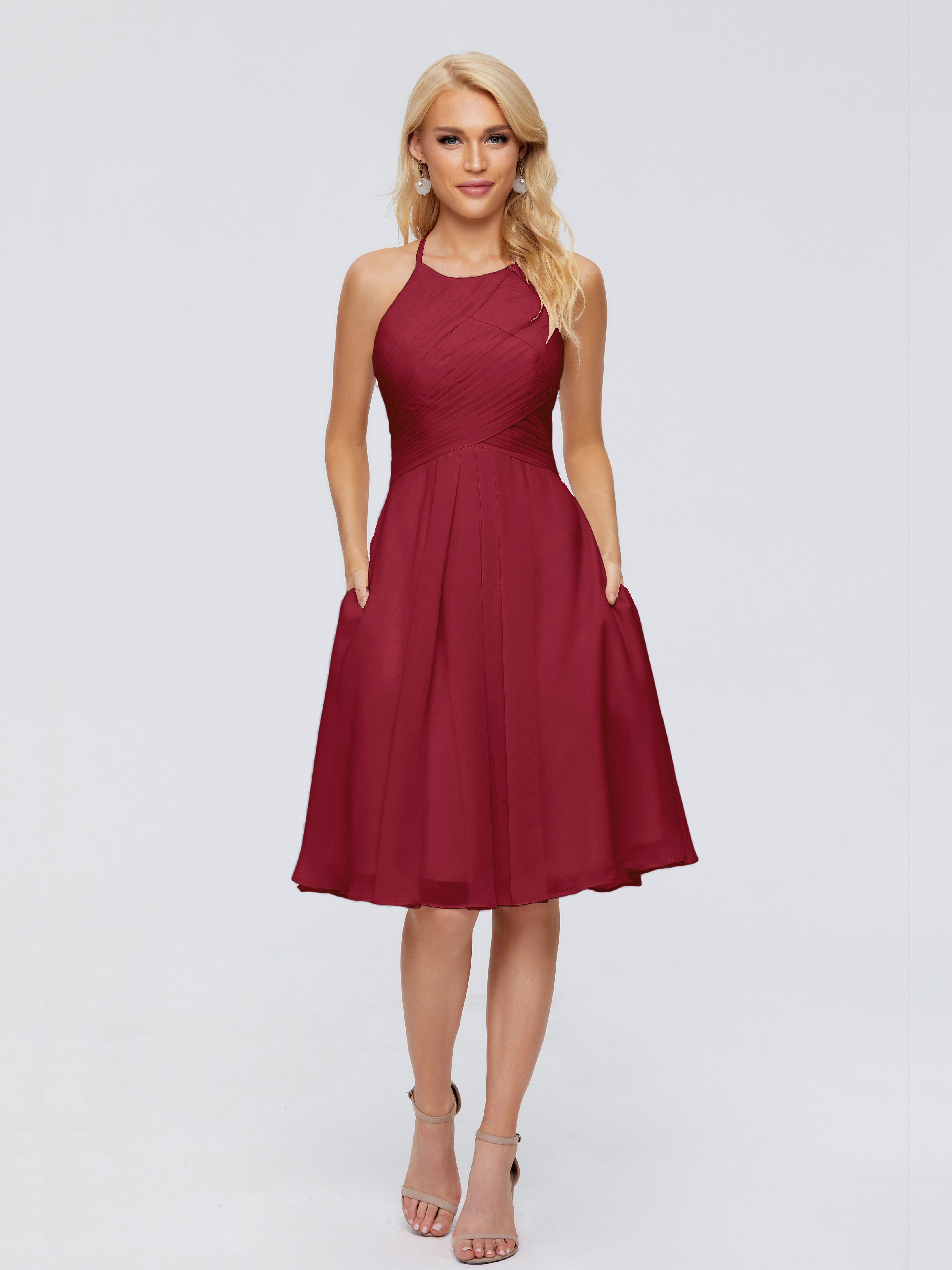 Robes De Demoiselle D'Honneur Bordeaux Licou Longueur Genou Robes Demoiselle D'Honneur