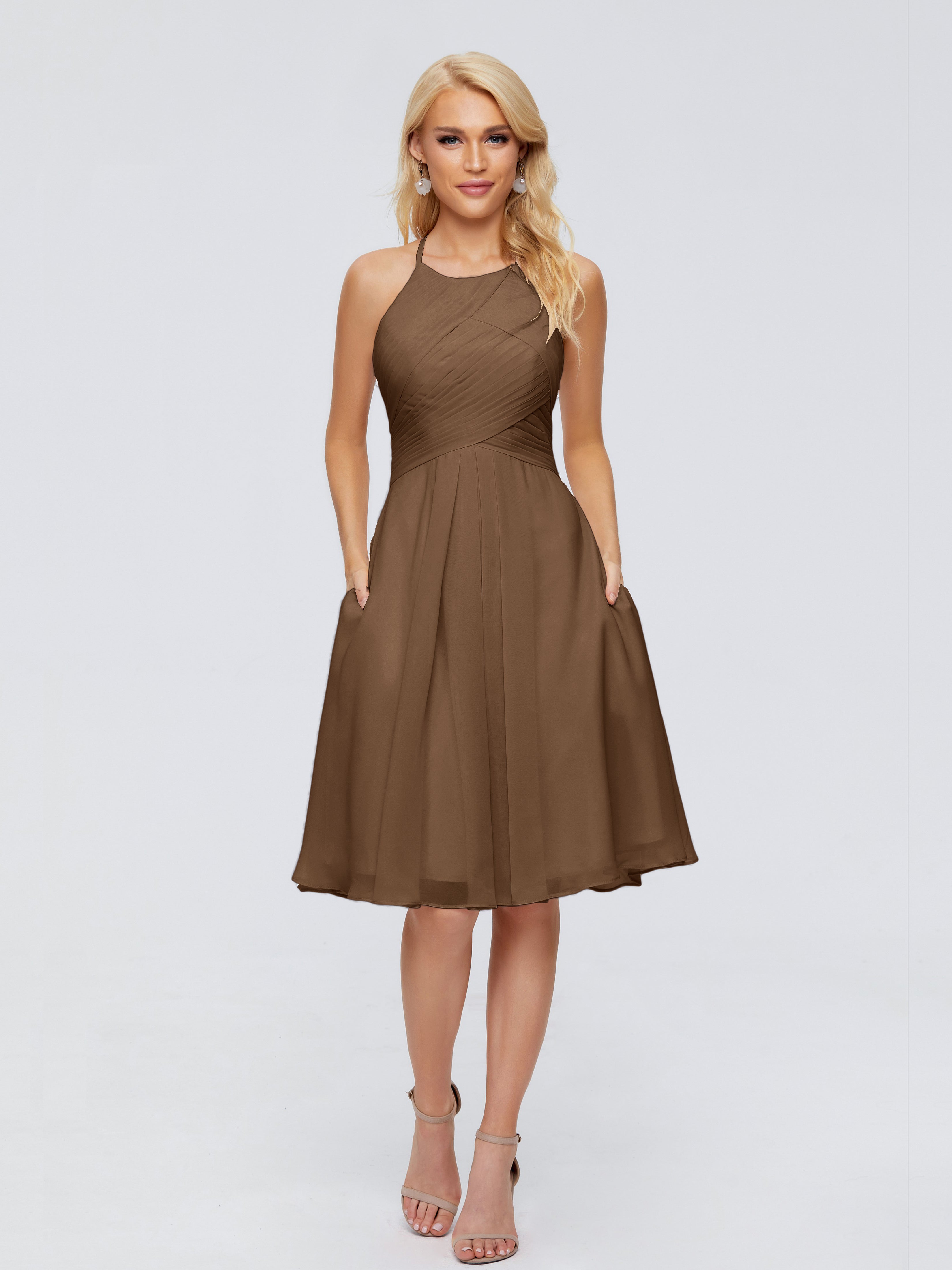 Robes De Demoiselle D'Honneur Brun Licou Longueur Genou Robes Demoiselle D'Honneur