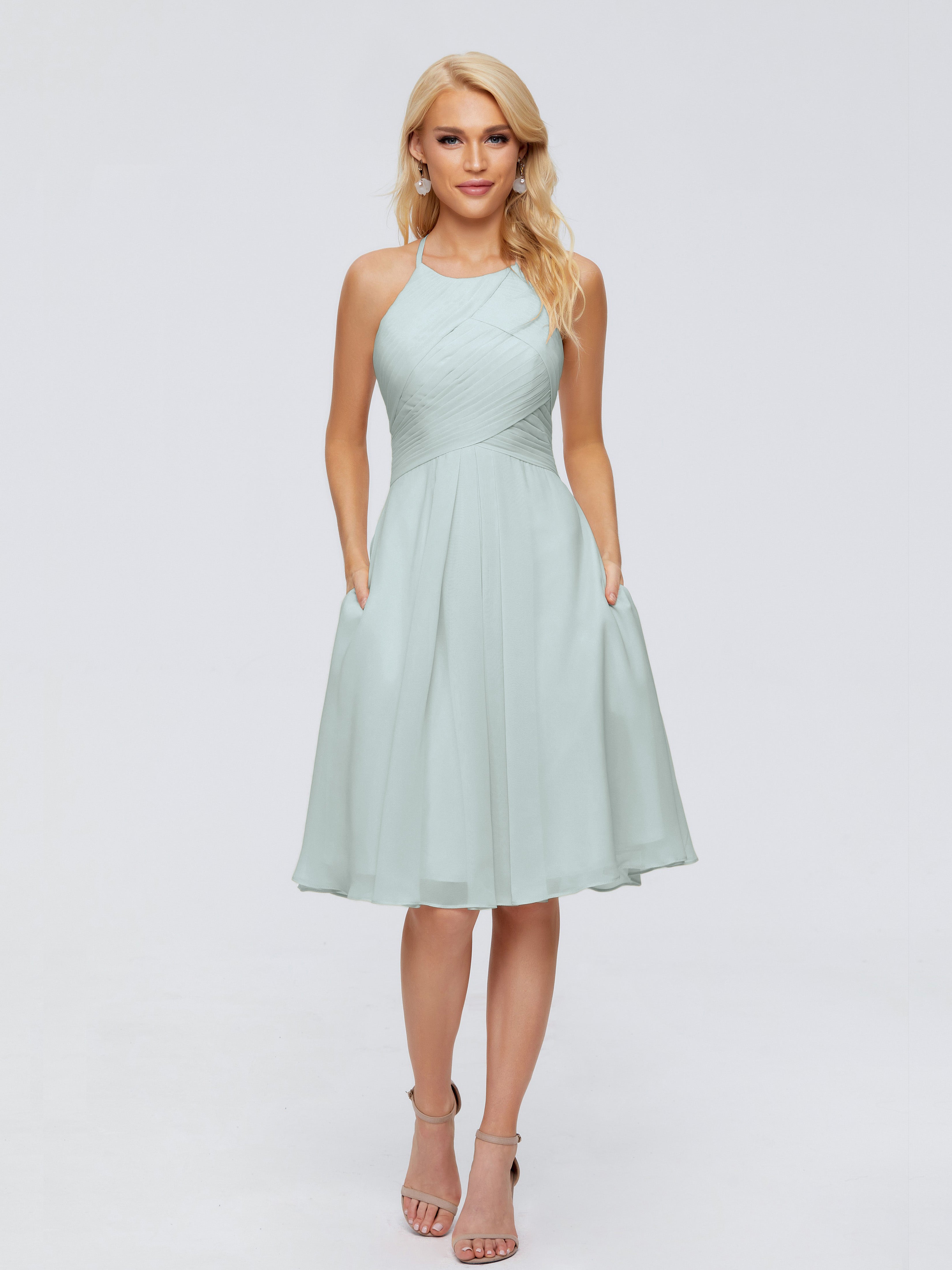 Robe Demoiselle D Honneur Vert Celadon Licou Longueur Genou Robes Demoiselle D'Honneur